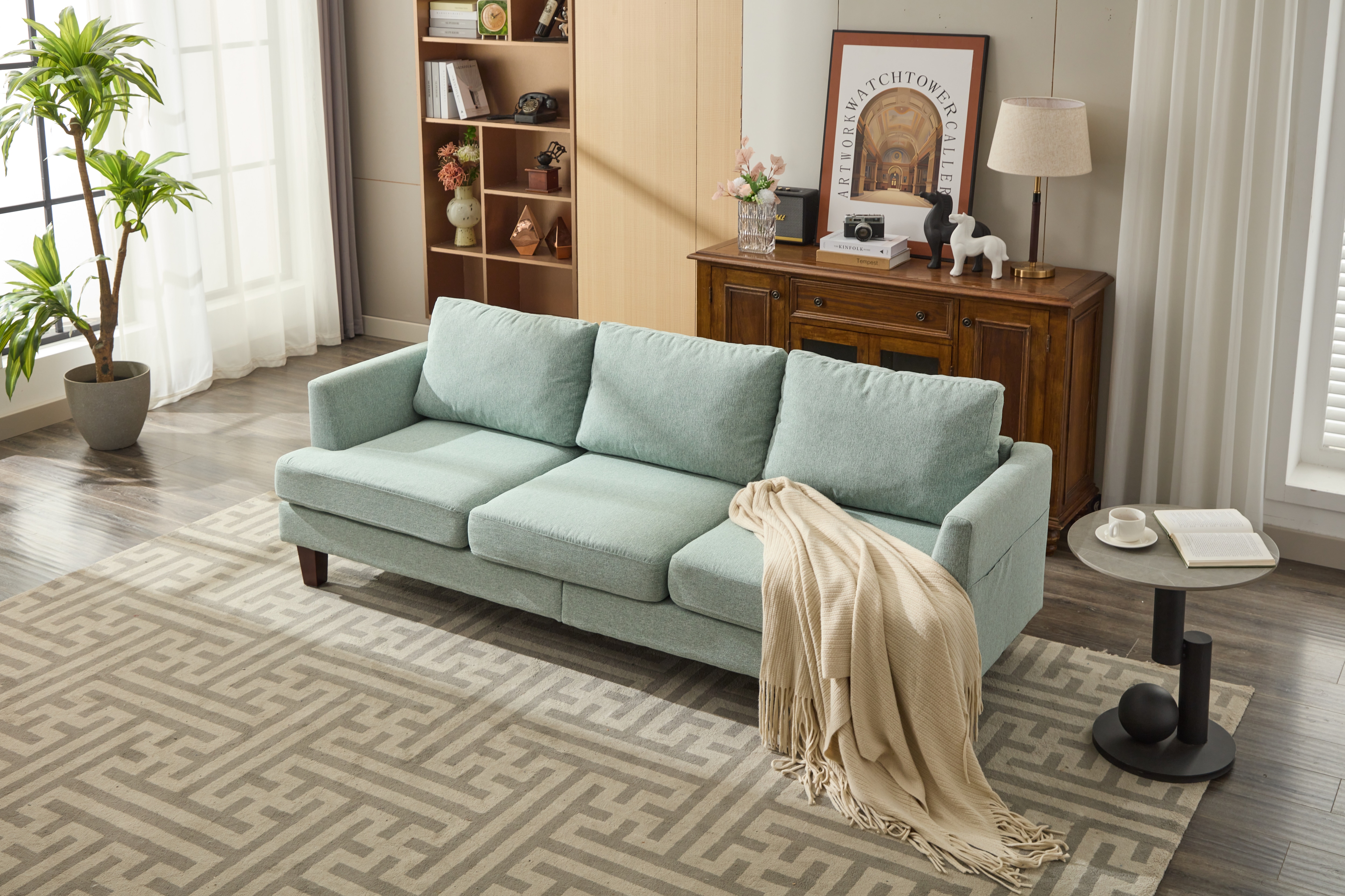 Fabric 3 Seater Couch with 2 USB, Comfortable Sectional Couches and Sofas for Living Room Bedroom Office Small Space, Easy Assembly & Comfy Cushion,Light Green 