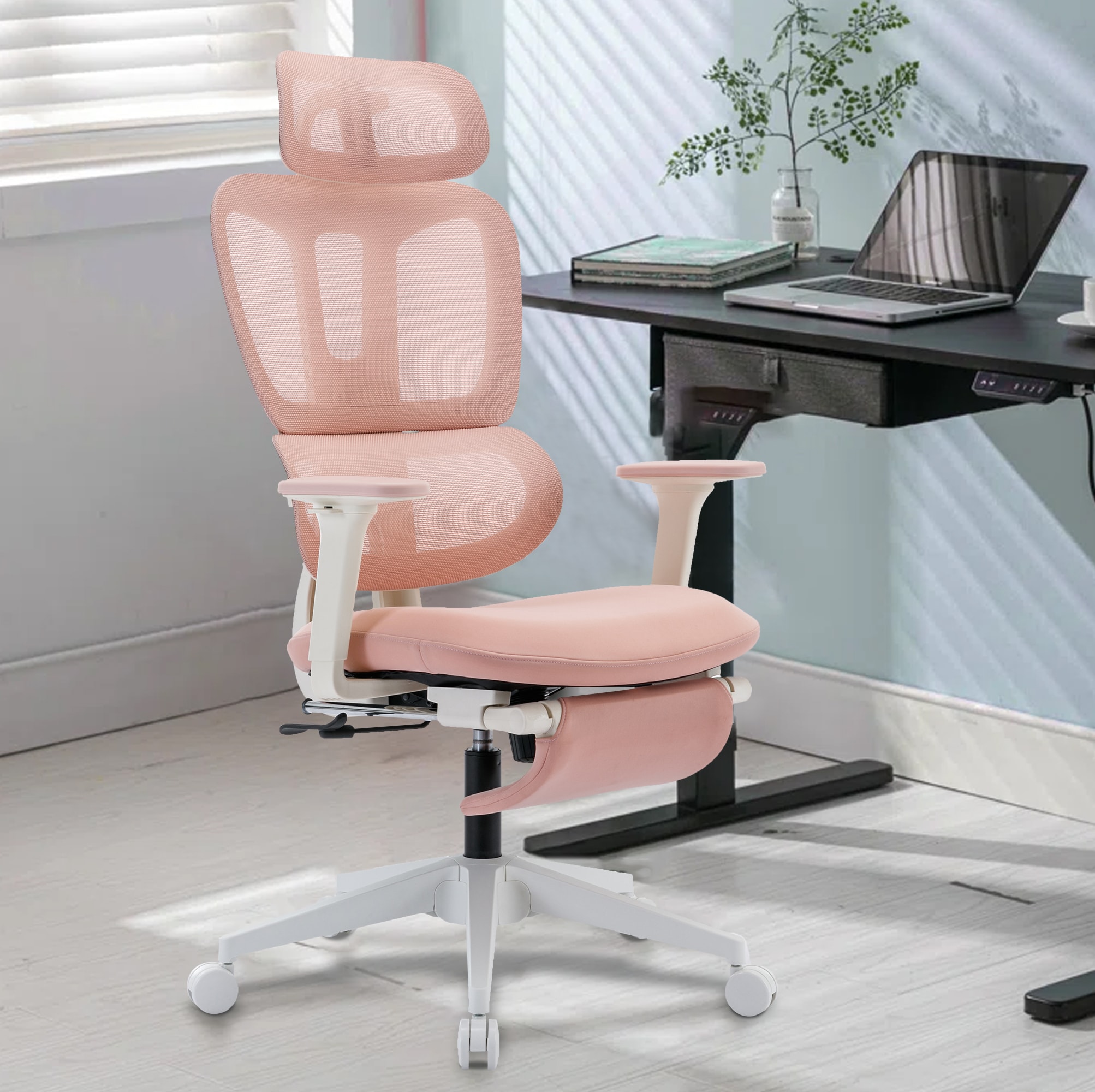 Multi-functional Ergonomic Mesh Office Chair With Adjustable Armrest,Footrest,Lumbar Support, 360° Silent Wheels,Headrest For Home & Office,Pink_voghion.com