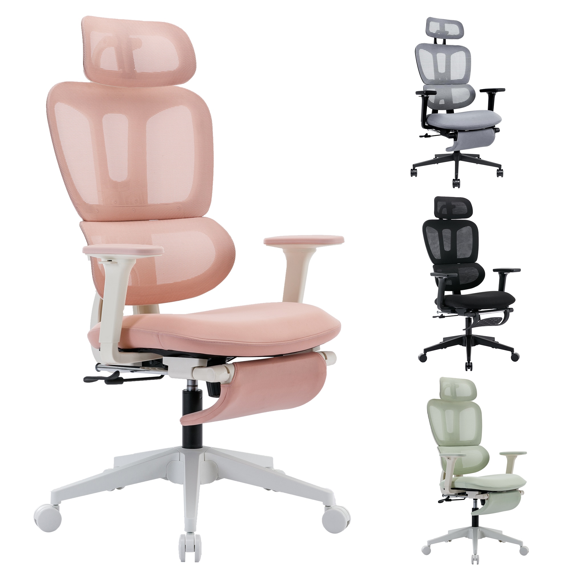 Multi-functional Ergonomic Mesh Office Chair With Adjustable Armrest,Footrest,Lumbar Support, 360° Silent Wheels,Headrest For Home & Office,Pink_voghion.com