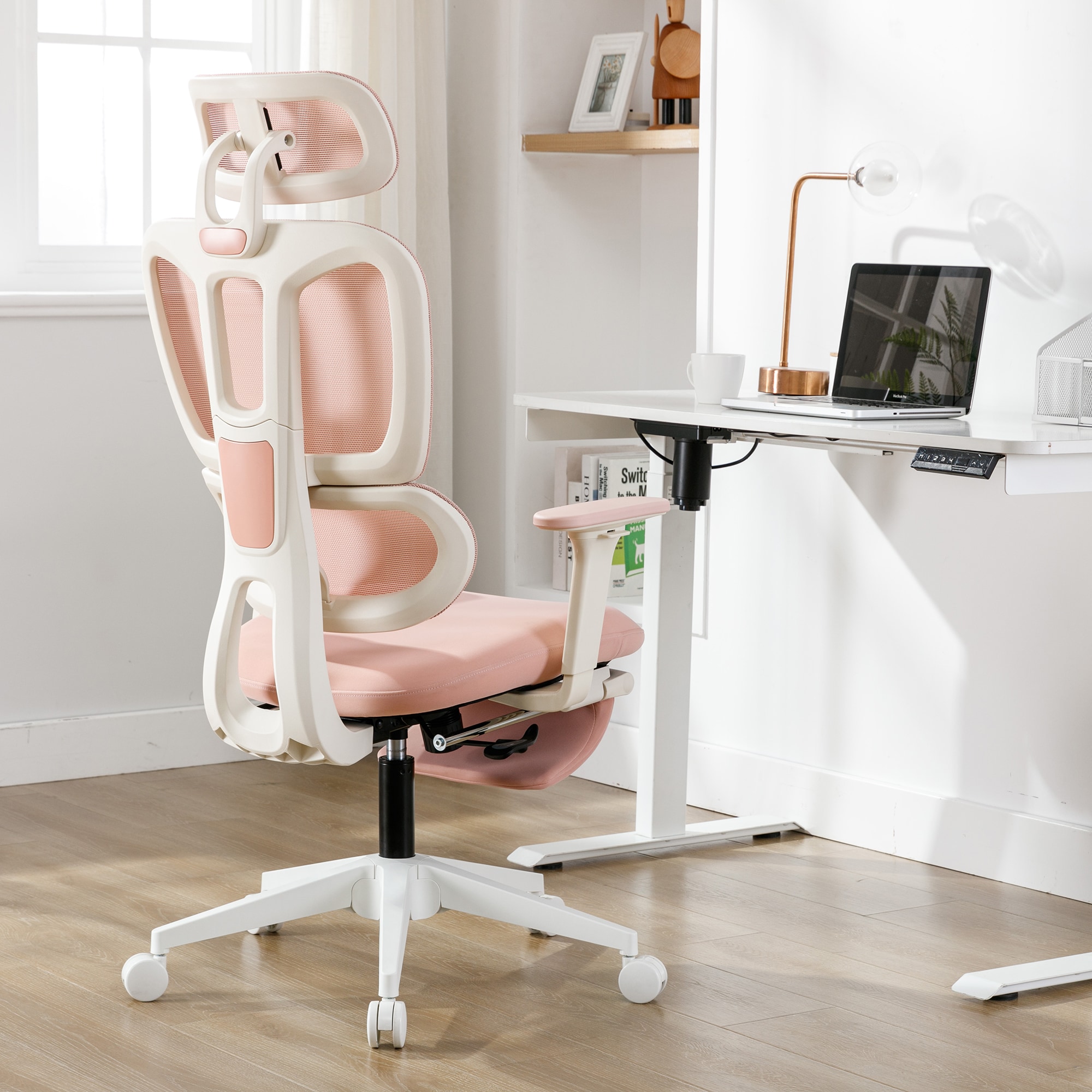 Multi-functional Ergonomic Mesh Office Chair With Adjustable Armrest,Footrest,Lumbar Support, 360° Silent Wheels,Headrest For Home & Office,Pink_voghion.com