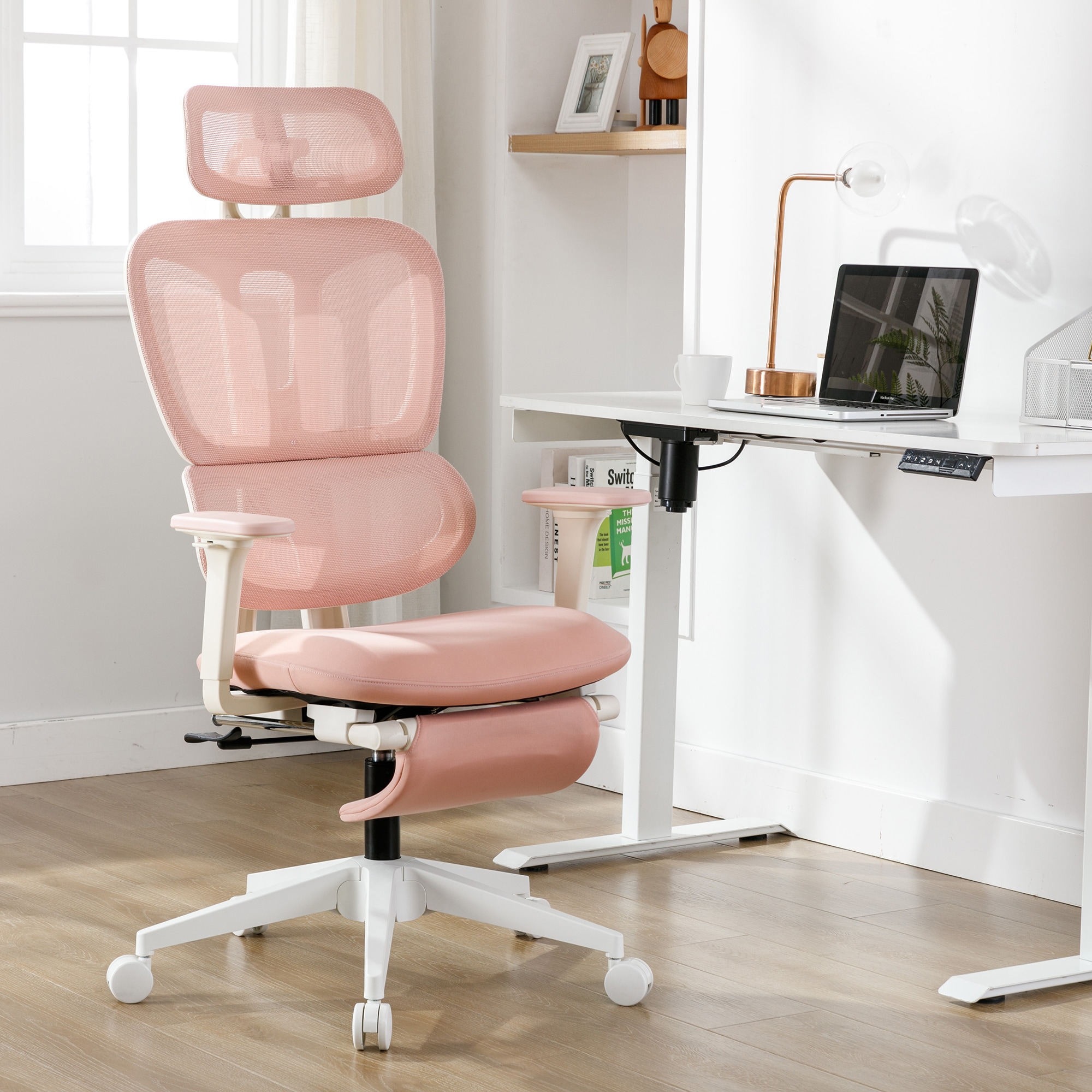 Multi-functional Ergonomic Mesh Office Chair With Adjustable Armrest,Footrest,Lumbar Support, 360° Silent Wheels,Headrest For Home & Office,Pink_voghion.com