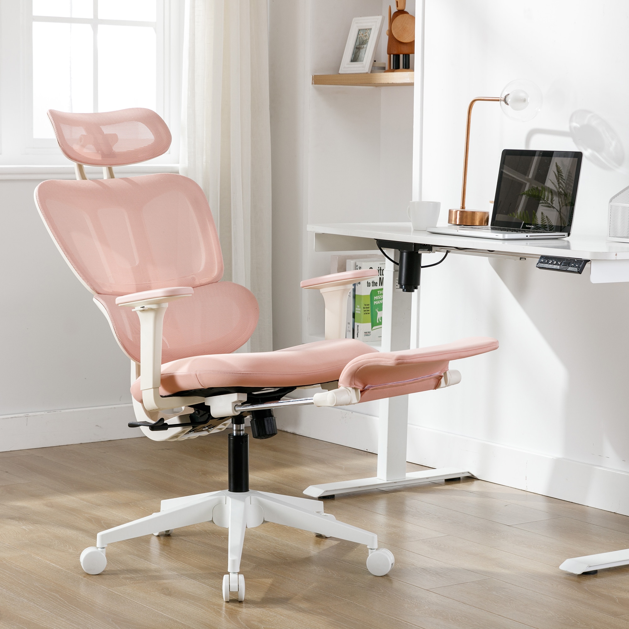 Multi-functional Ergonomic Mesh Office Chair With Adjustable Armrest,Footrest,Lumbar Support, 360° Silent Wheels,Headrest For Home & Office,Pink_voghion.com