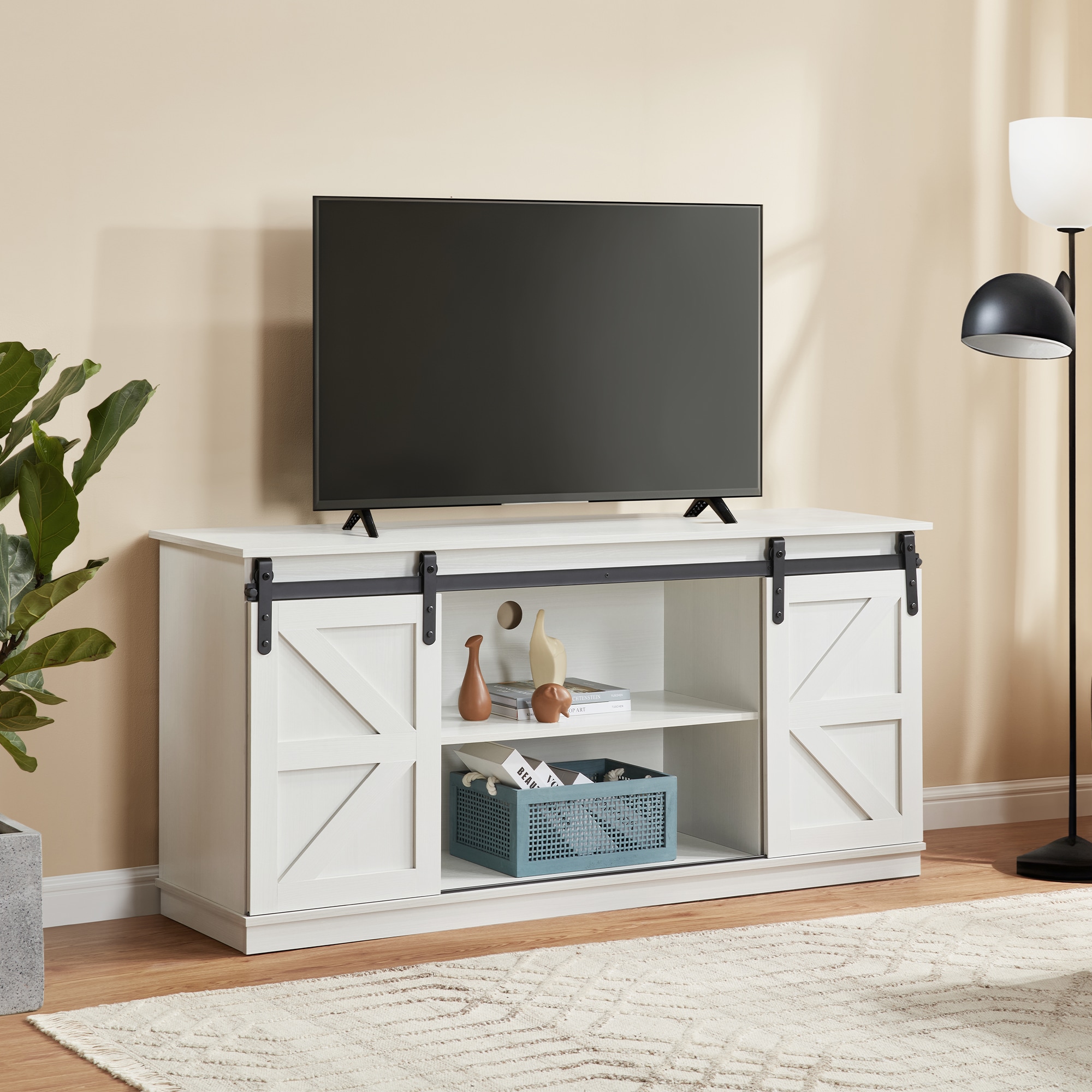 58" Farmhouse TV Stand and Entertainment Center for Televisions up to 65 Inchs,with Sliding Barn Doors and Storage Cabinets,White 58" Farmhouse TV Stand and Entertainment Center for Televisions up to 65 Inchs,with Sliding Barn Doors and Storage Cabinets,White