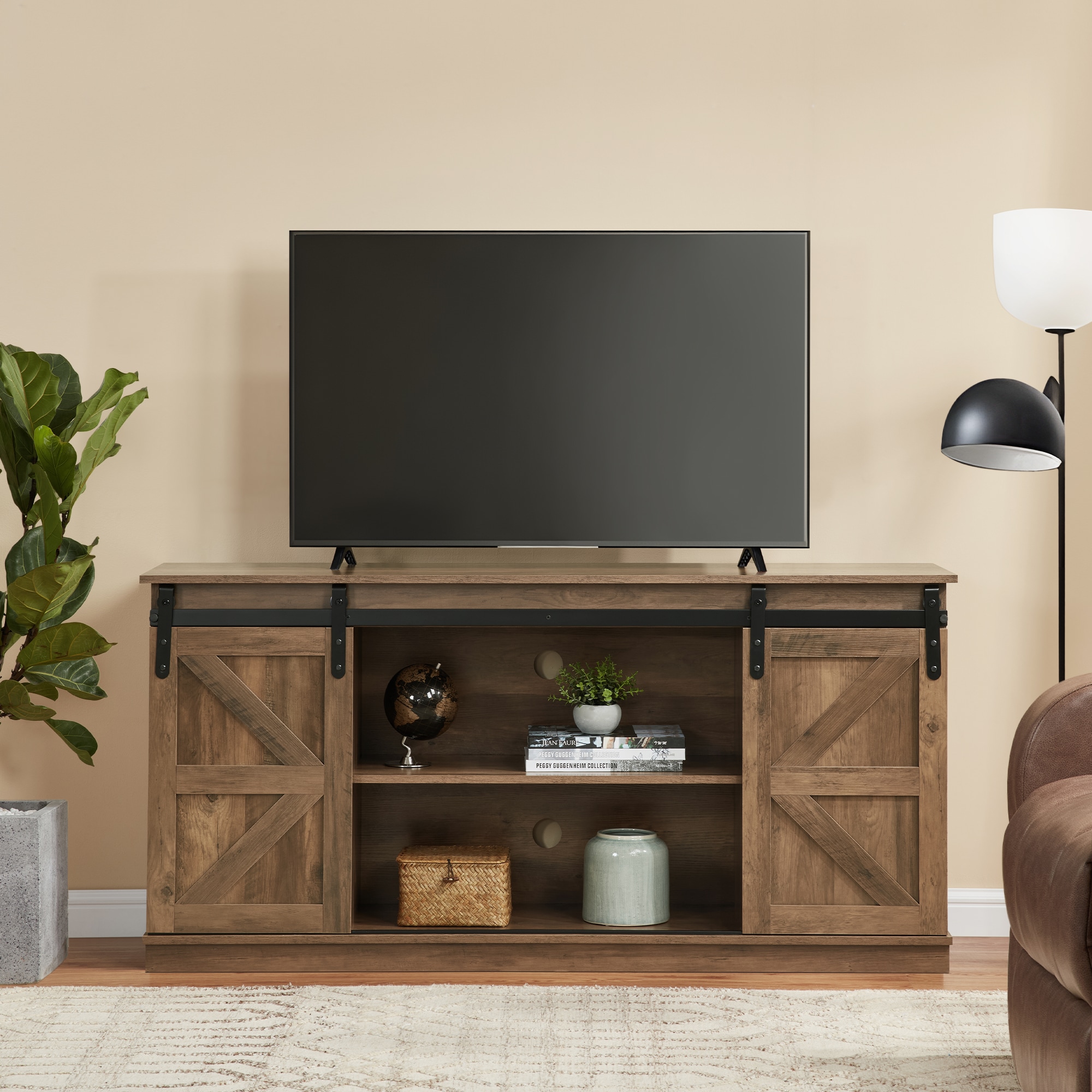 58" Farmhouse TV Stand and Entertainment Center for Televisions up to 65 Inchs,with Sliding Barn Doors and Storage Cabinets,Natural Brown 58" Farmhouse TV Stand and Entertainment Center for Televisions up to 65 Inchs,with Sliding Barn Doors and Storage Cabinets,Natural Brown