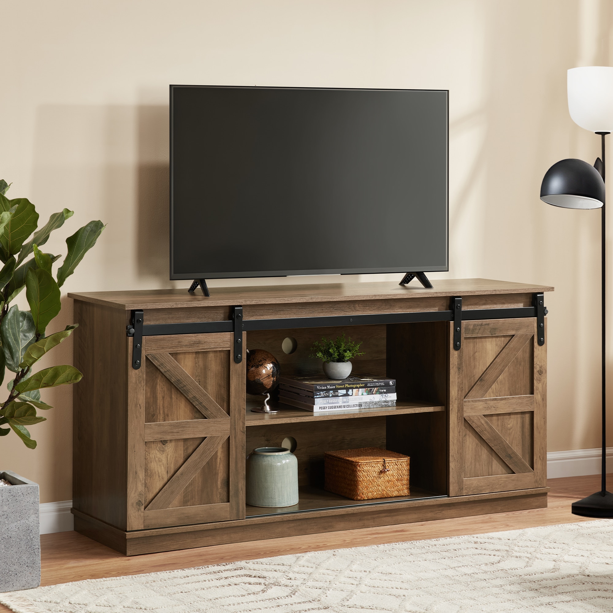 58" Farmhouse TV Stand and Entertainment Center for Televisions up to 65 Inchs,with Sliding Barn Doors and Storage Cabinets,Natural Brown 58" Farmhouse TV Stand and Entertainment Center for Televisions up to 65 Inchs,with Sliding Barn Doors and Storage Cabinets,Natural Brown