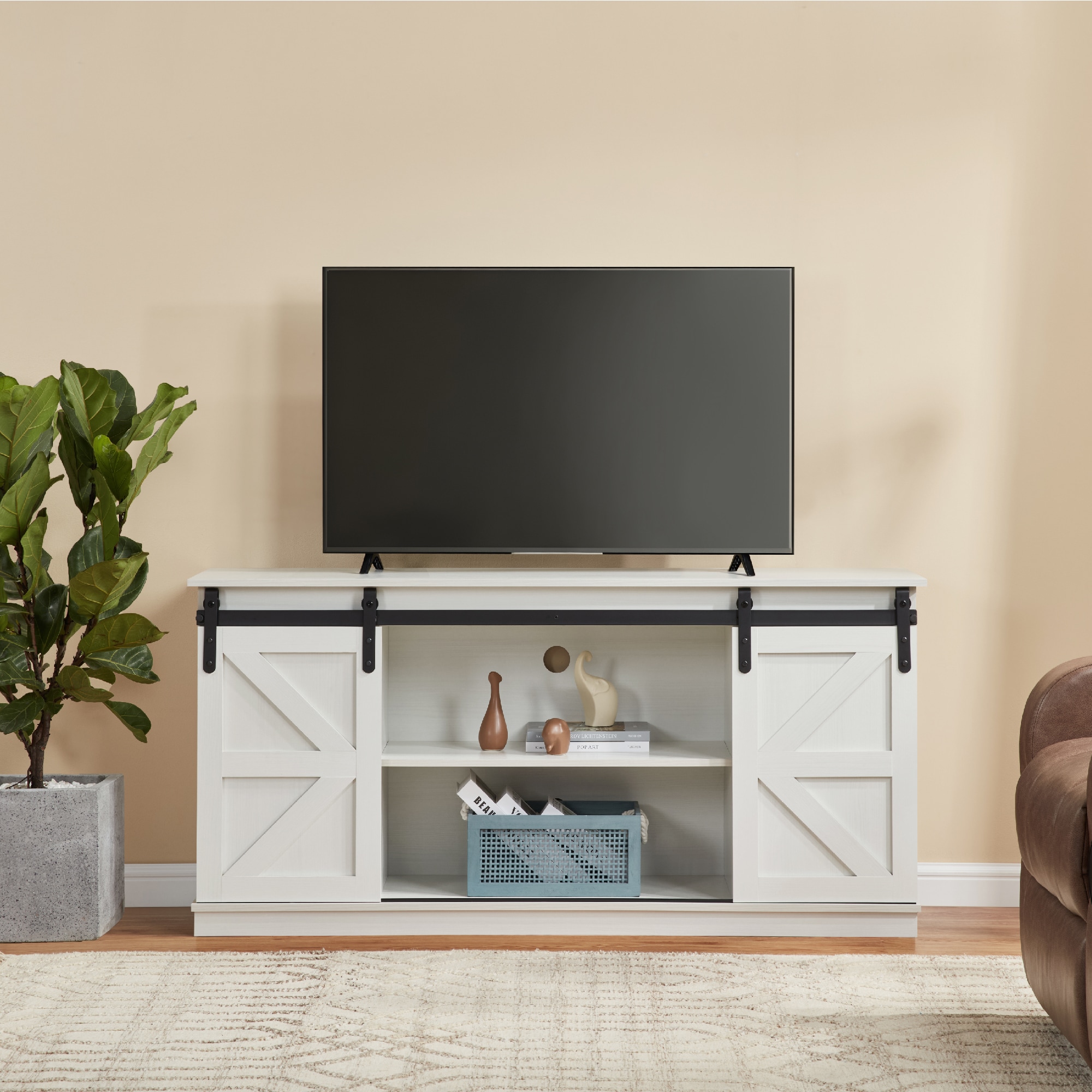 58" Farmhouse TV Stand and Entertainment Center for Televisions up to 65 Inchs,with Sliding Barn Doors and Storage Cabinets,White 58" Farmhouse TV Stand and Entertainment Center for Televisions up to 65 Inchs,with Sliding Barn Doors and Storage Cabinets,White