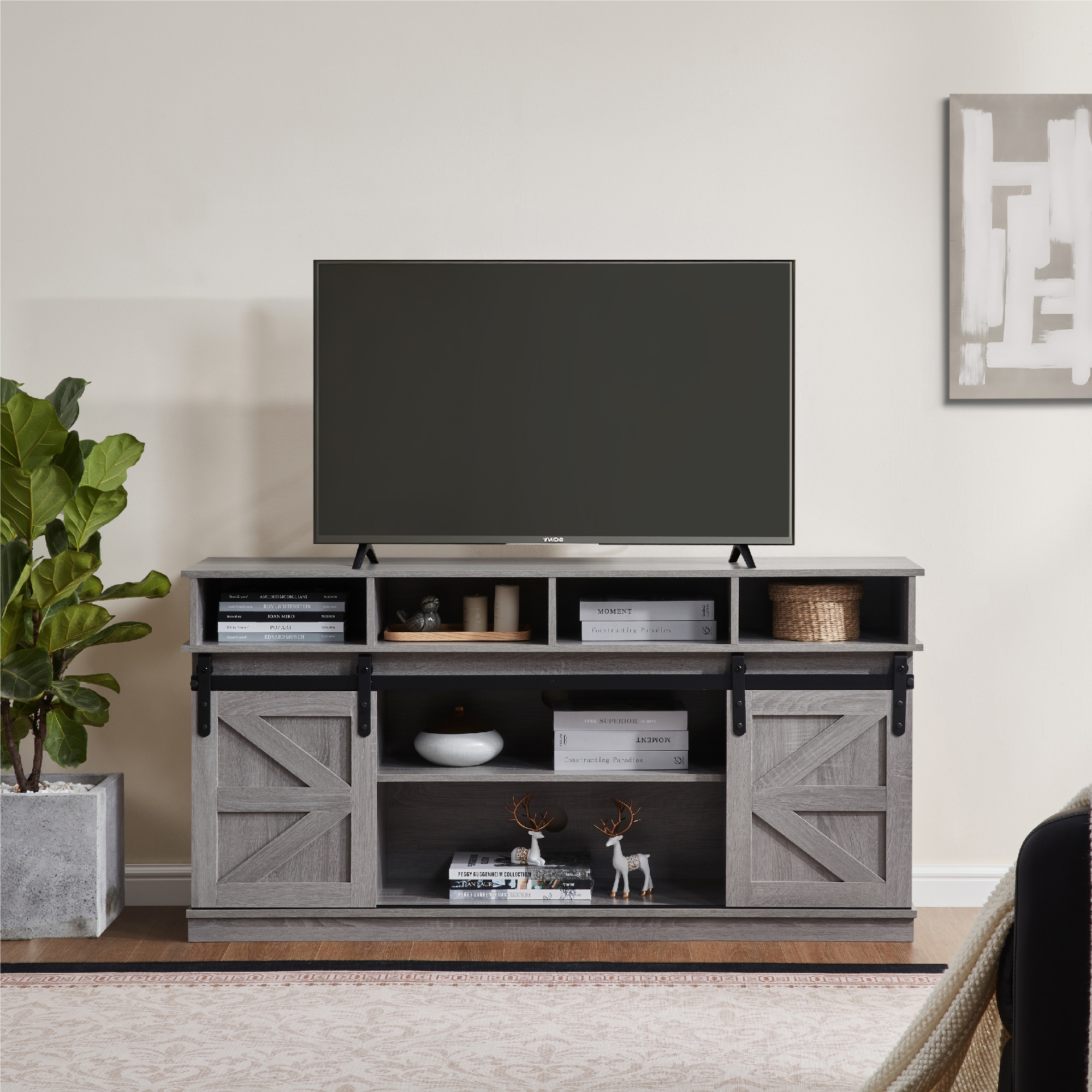 TV Stand Sliding Barn Door Modern&Farmhouse Wood Entertainment Center, Storage Cabinet Table Living Room with Adjustable Shelves for TVs Up to 65",Grey TV Stand Sliding Barn Door Modern&Farmhouse Wood Entertainment Center, Storage Cabinet Table Living Room with Adjustable Shelves for TVs Up to 65",Grey