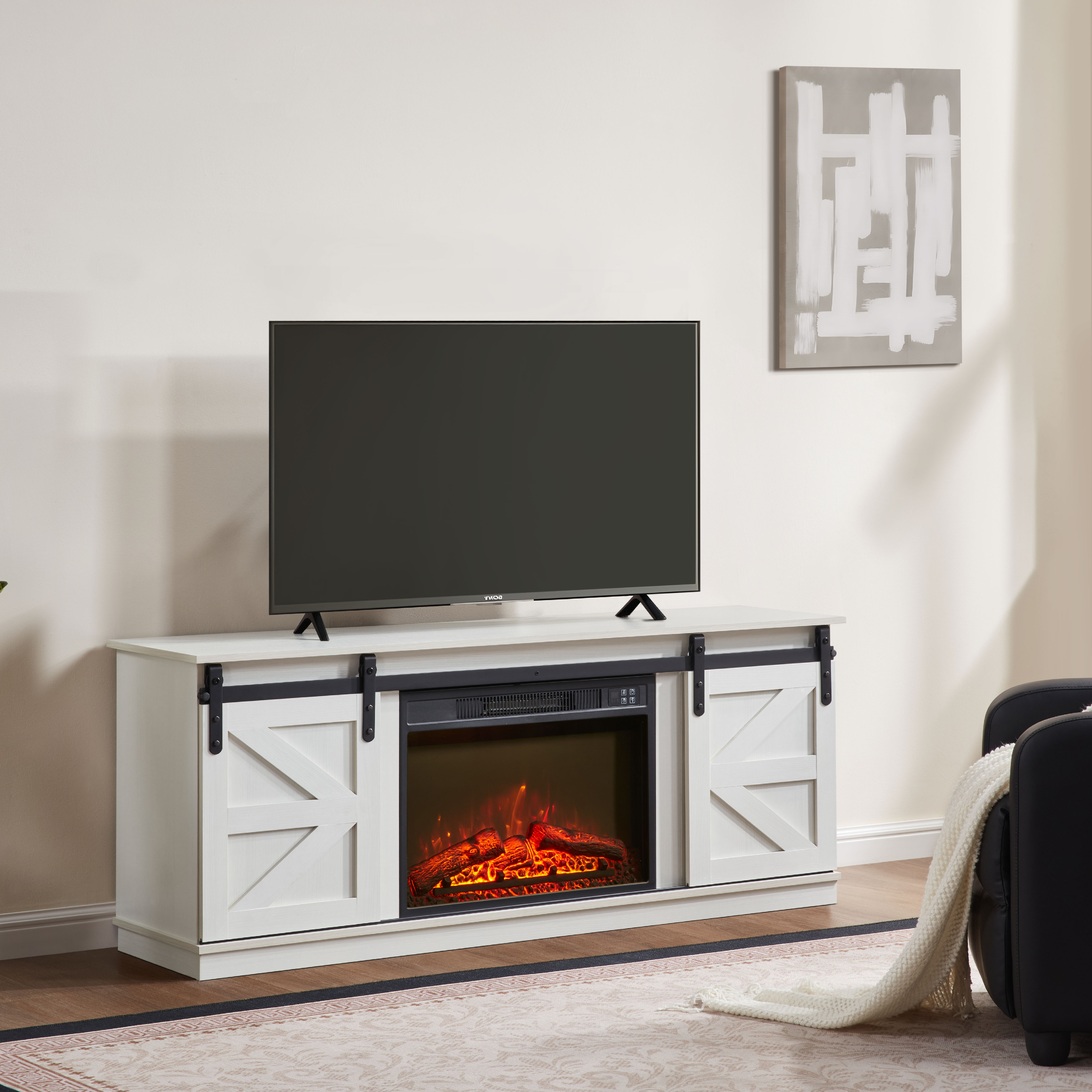 Fireplace TV Stand for Television up to 65 Inch with Storage and Farmhouse Sliding Barn Doors, Entertainment Center with Cabinet and Shelves,White Fireplace TV Stand for Television up to 65 Inch with Storage and Farmhouse Sliding Barn Doors, Entertainment Center with Cabinet and Shelves,White