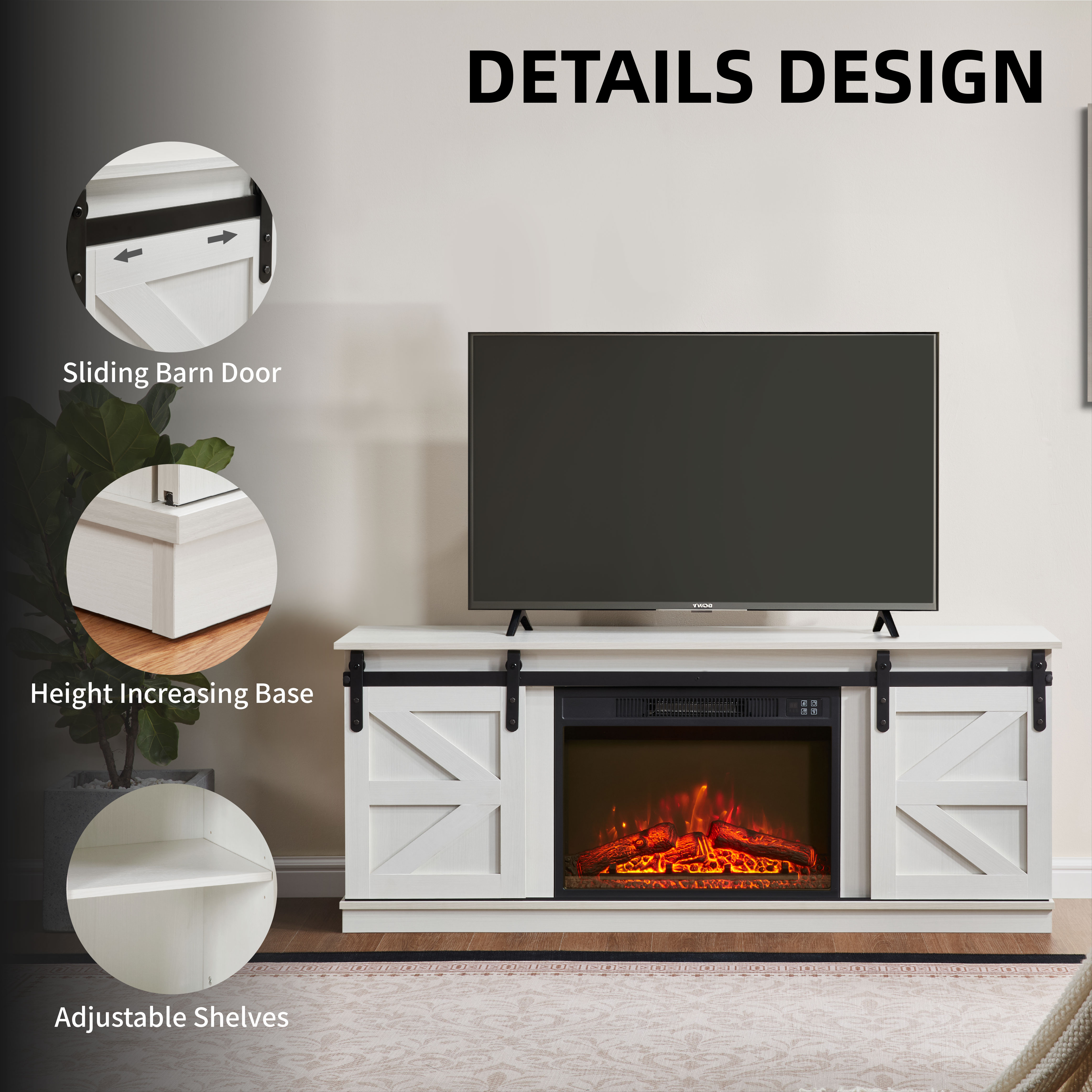 Fireplace TV Stand for Television up to 65 Inch with Storage and Farmhouse Sliding Barn Doors, Entertainment Center with Cabinet and Shelves,White Fireplace TV Stand for Television up to 65 Inch with Storage and Farmhouse Sliding Barn Doors, Entertainment Center with Cabinet and Shelves,White