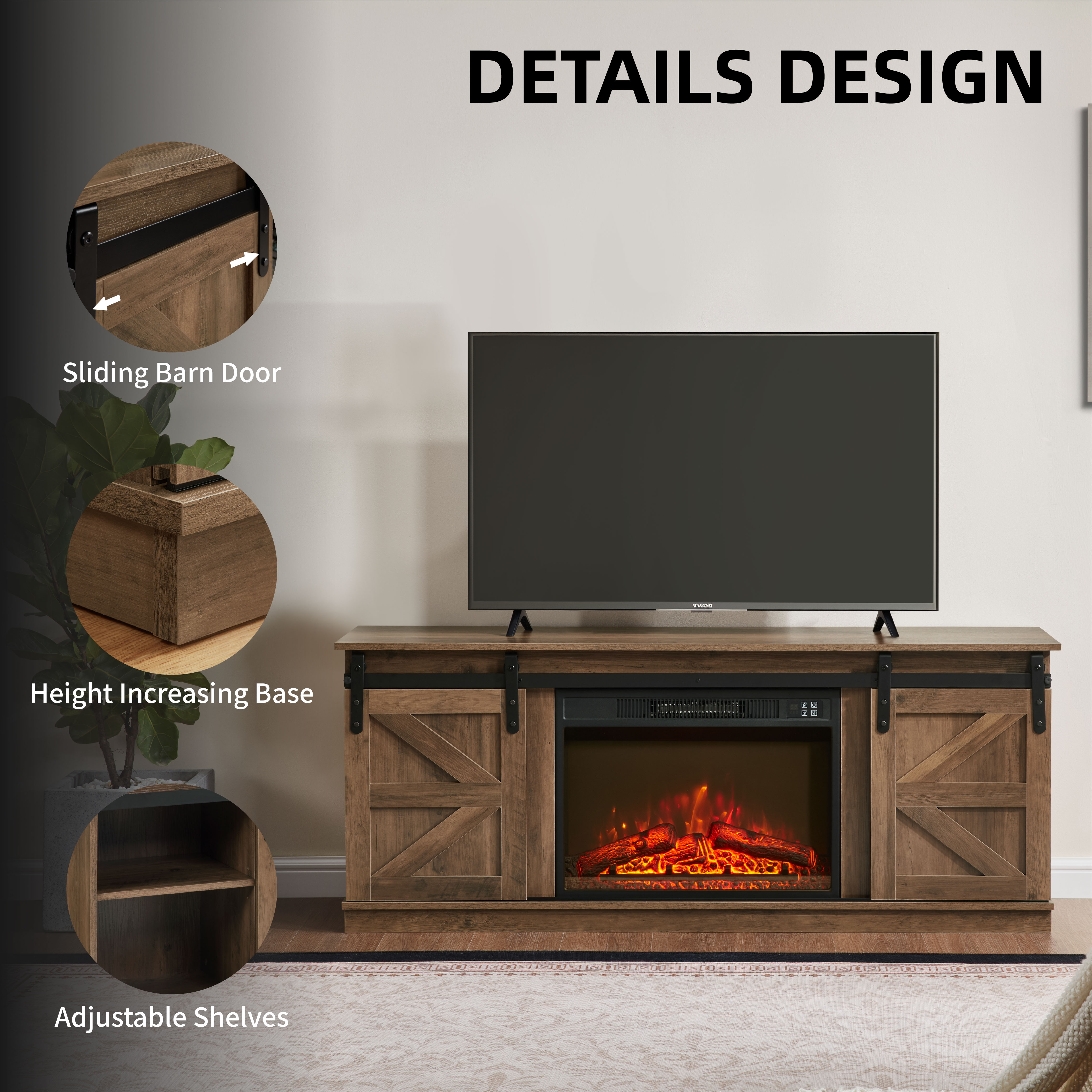 Fireplace TV Stand for Television up to 65 Inch with Storage and Farmhouse Sliding Barn Doors, Entertainment Center with Cabinet and Shelves,Natural Brown Fireplace TV Stand for Television up to 65 Inch with Storage and Farmhouse Sliding Barn Doors, Entertainment Center with Cabinet and Shelves,Natural Brown