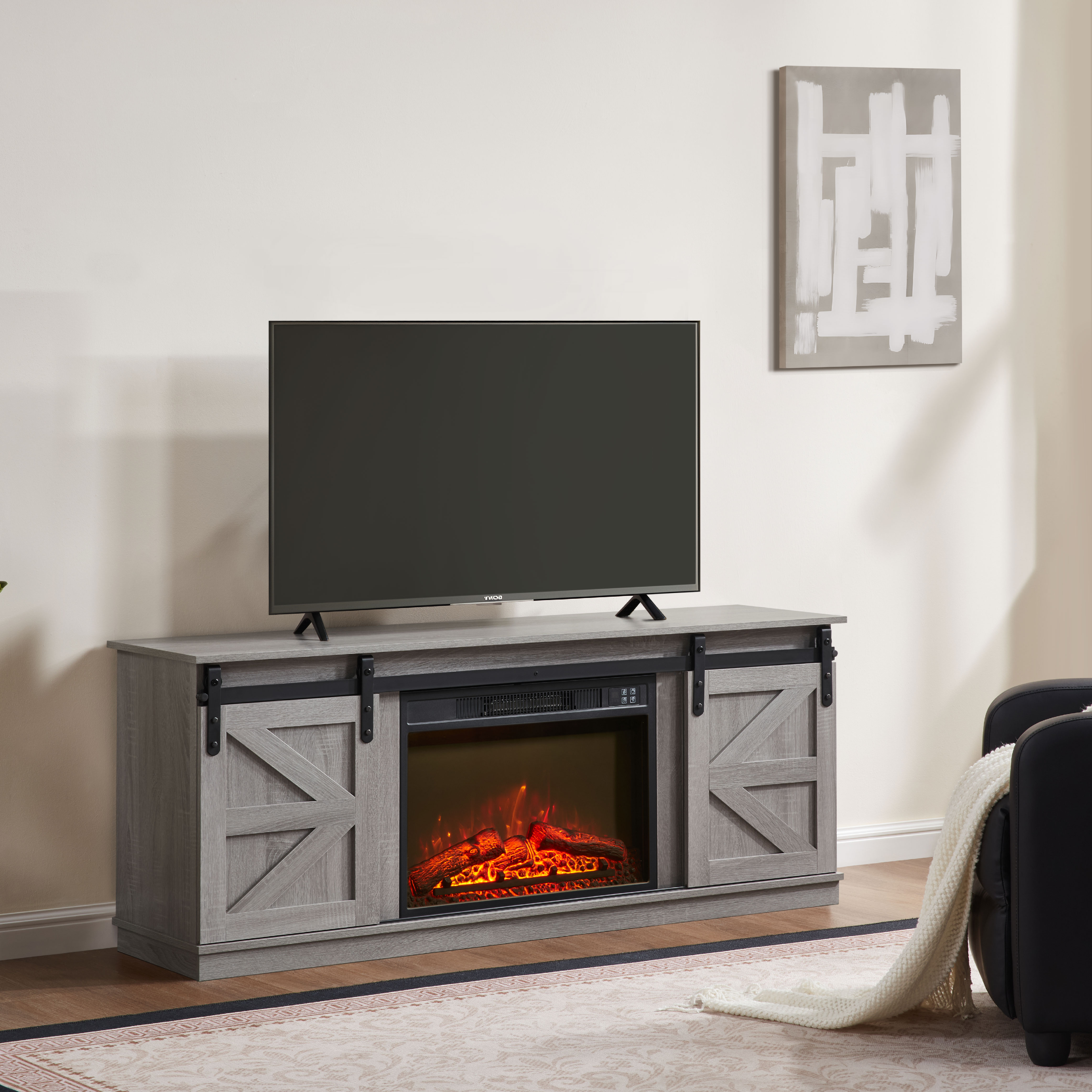 Fireplace TV Stand for Television up to 65 Inch with Storage and Farmhouse Sliding Barn Doors, Entertainment Center with Cabinet and Shelves,Grey Fireplace TV Stand for Television up to 65 Inch with Storage and Farmhouse Sliding Barn Doors, Entertainment Center with Cabinet and Shelves,Grey