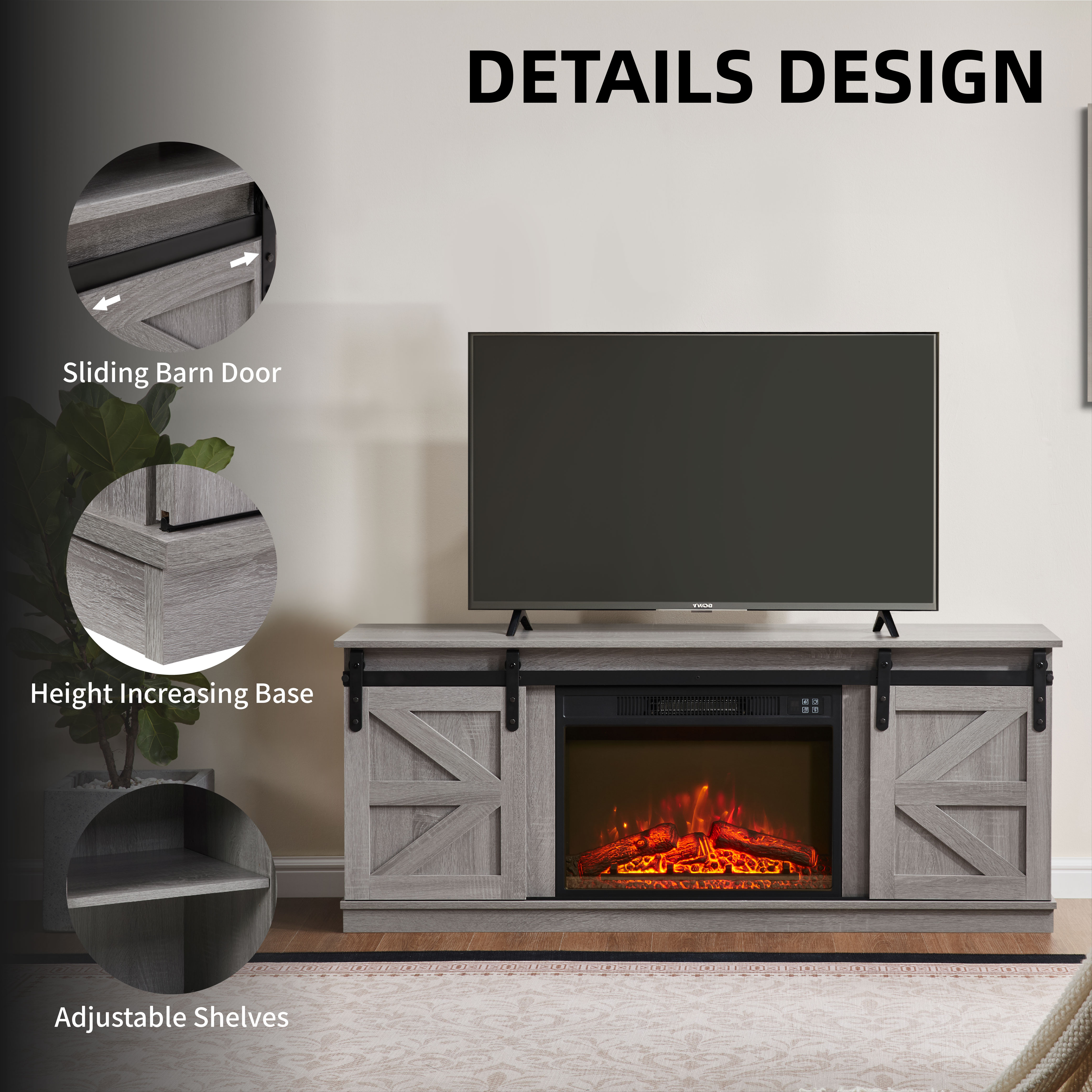 Fireplace TV Stand for Television up to 65 Inch with Storage and Farmhouse Sliding Barn Doors, Entertainment Center with Cabinet and Shelves,Grey Fireplace TV Stand for Television up to 65 Inch with Storage and Farmhouse Sliding Barn Doors, Entertainment Center with Cabinet and Shelves,Grey