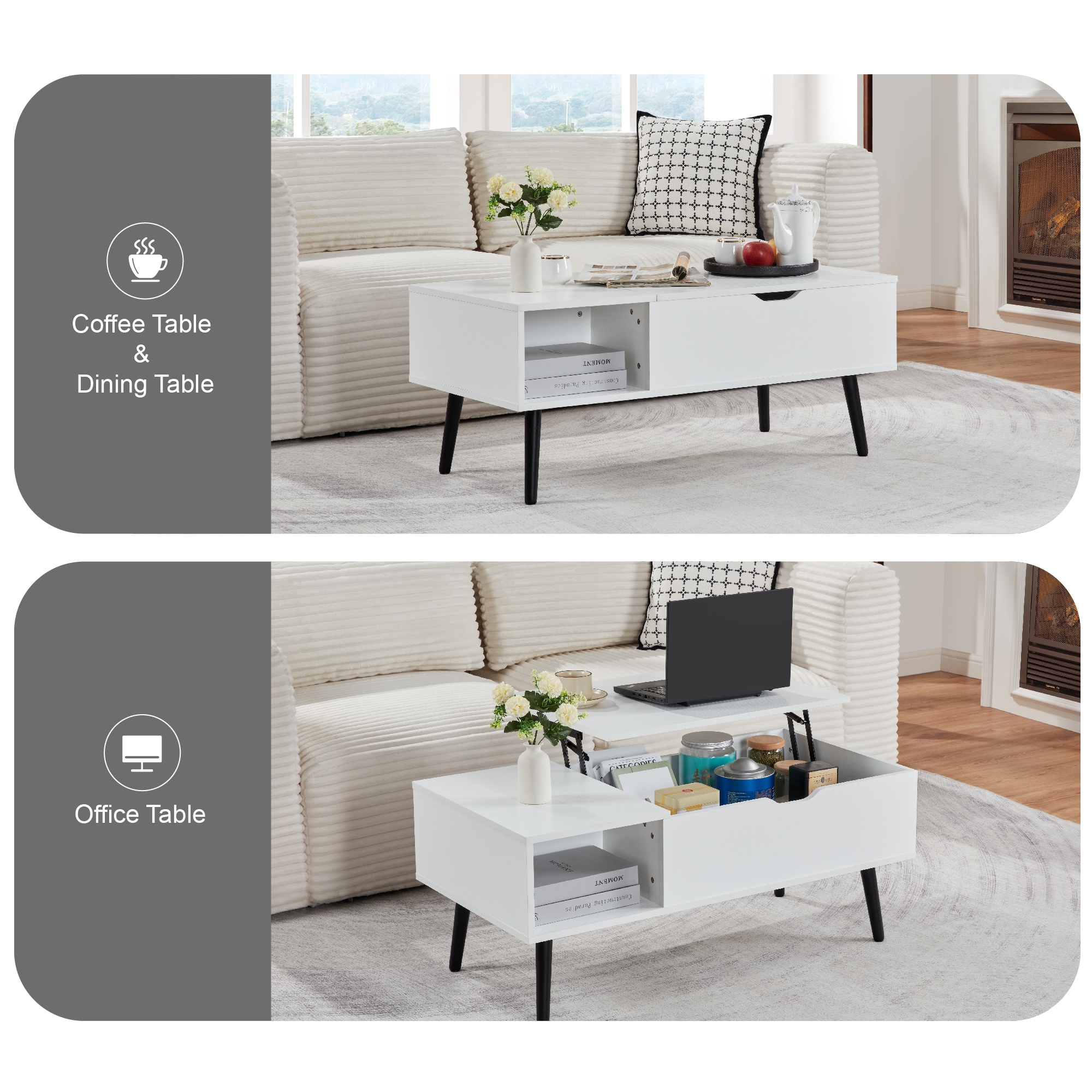 39" Wood Lift Top Coffee Table with Hidden Compartment and Storage Shelf for Living Room, Reception Room, White