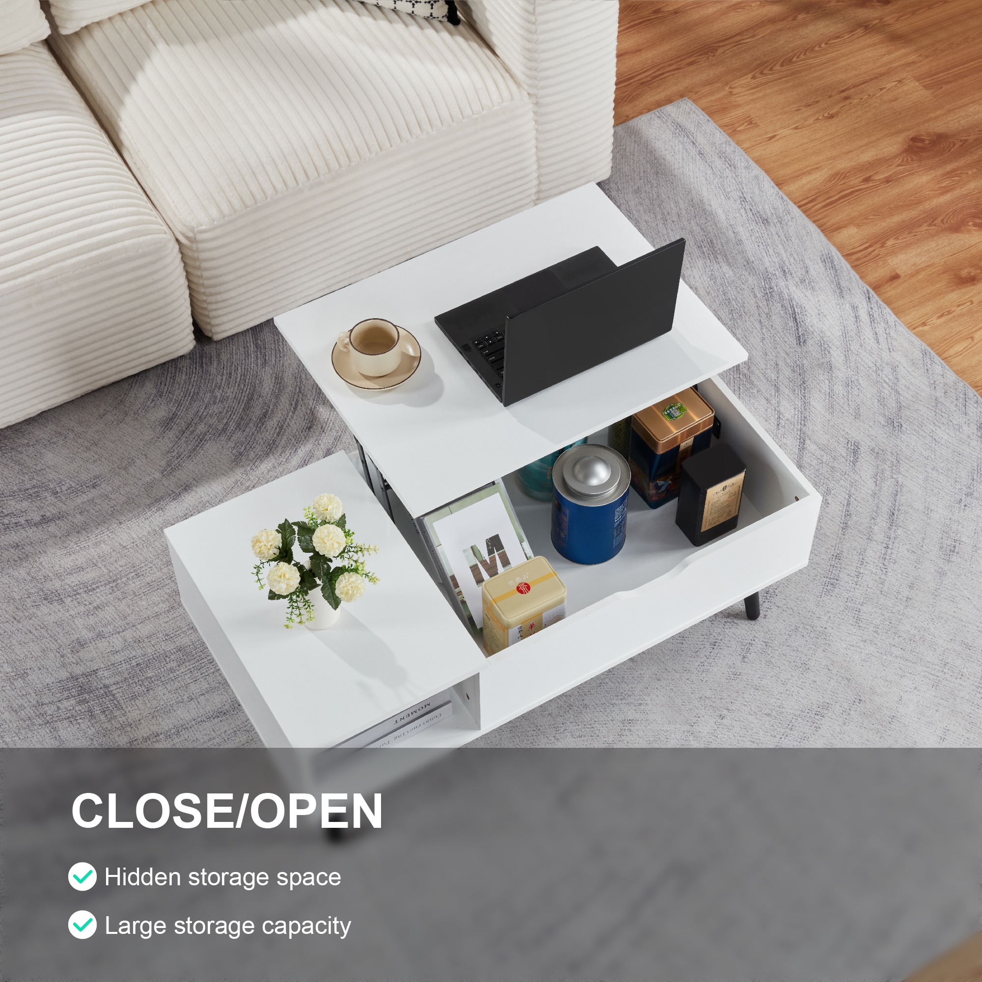 39" Wood Lift Top Coffee Table with Hidden Compartment and Storage Shelf for Living Room, Reception Room, White