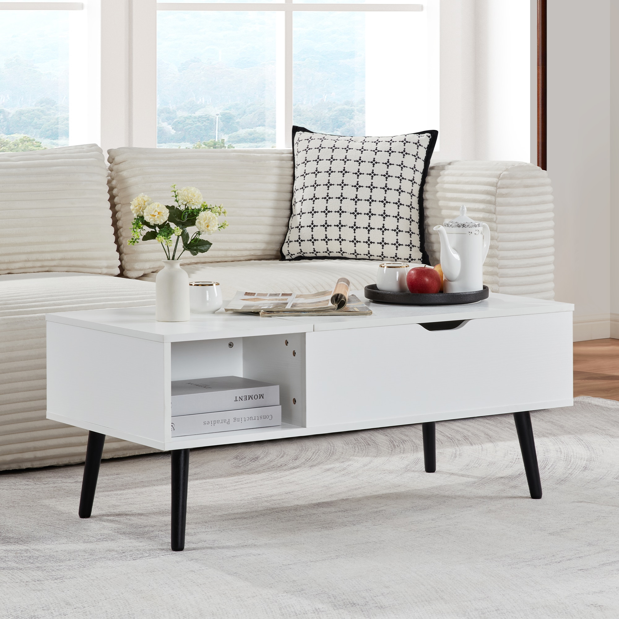 39" Wood Lift Top Coffee Table with Hidden Compartment and Storage Shelf for Living Room, Reception Room, White