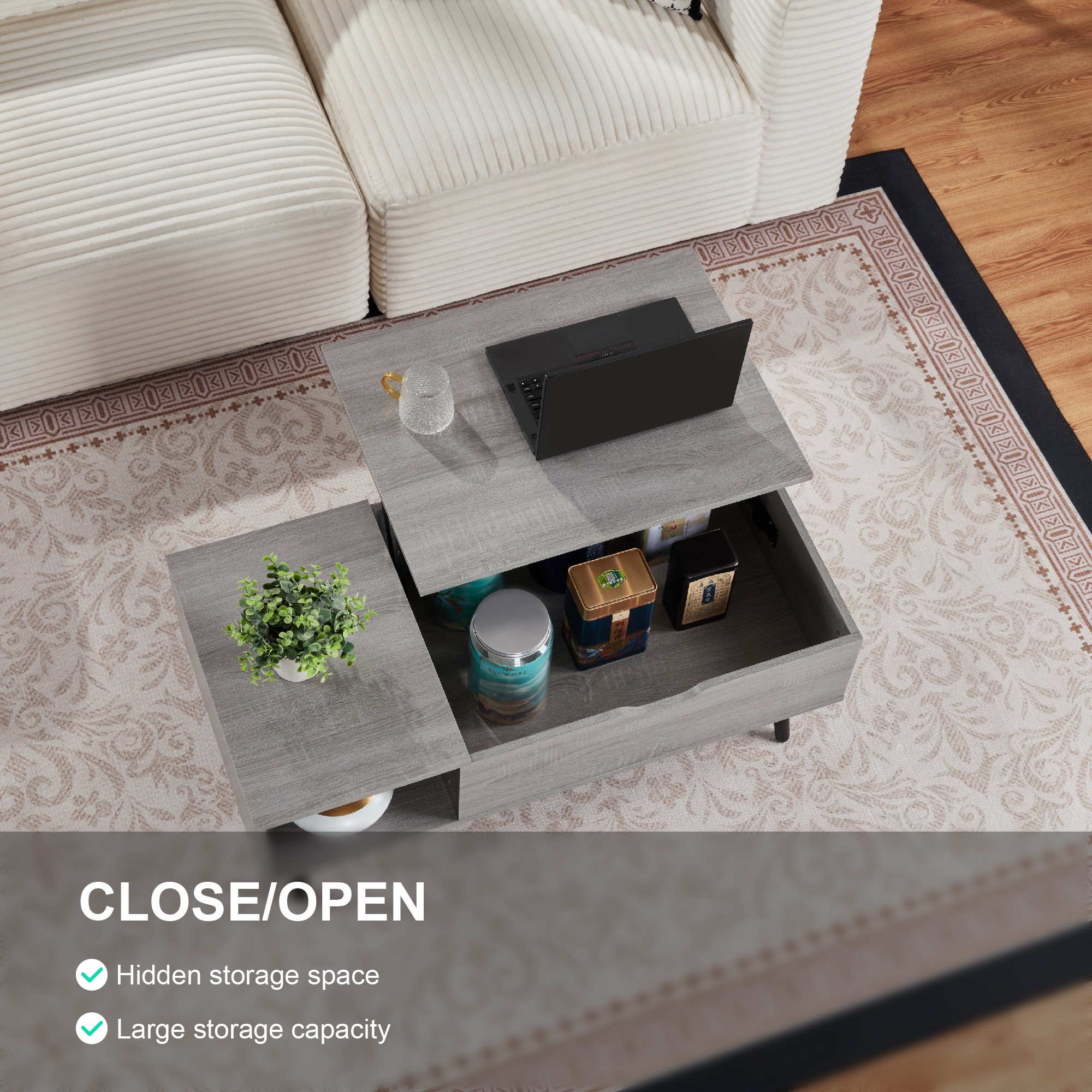 39" Wood Lift Top Coffee Table with Hidden Compartment and Storage Shelf for Living Room, Reception Room, Grey