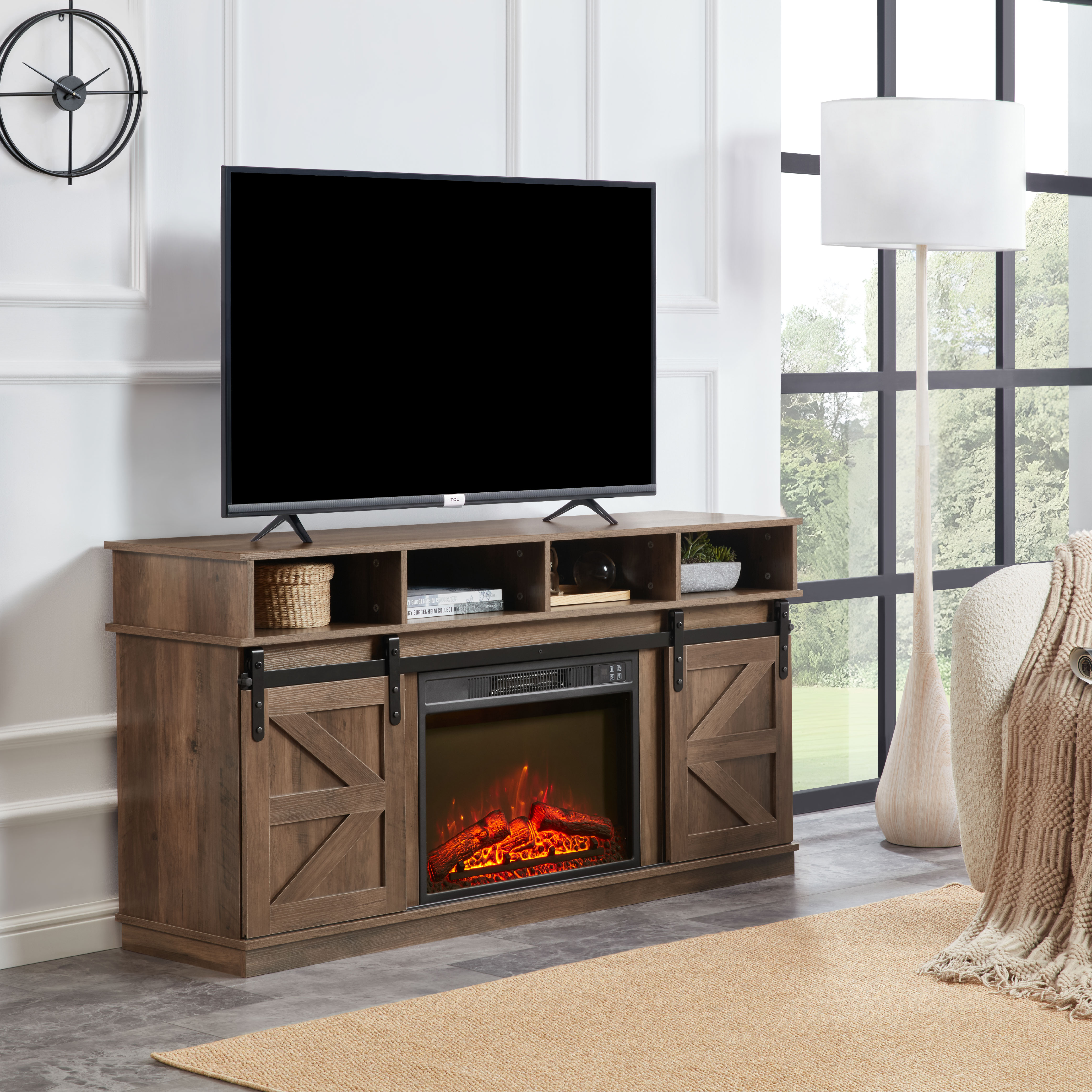 Modern Farmhouse TV Media Stand, Large Barn Inspired Home Entertainment Console, with 23" Fireplace Insert, for TV Up to 65'', with Open Shelves and Closed Cabinets, Natural Brown