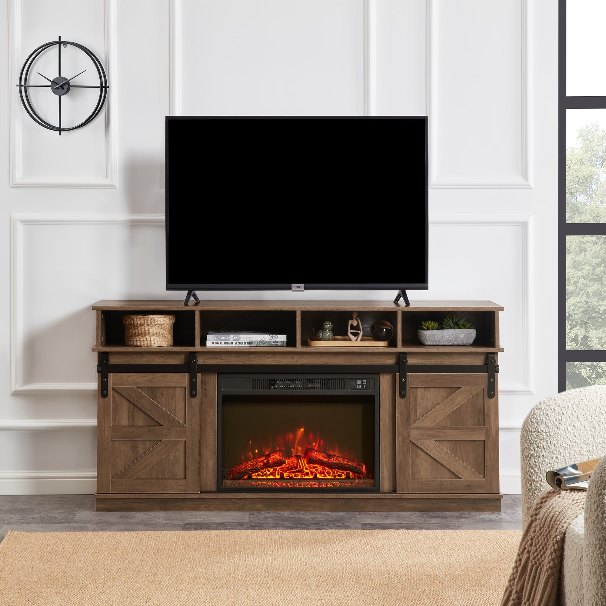 Modern Farmhouse TV Media Stand, Large Barn Inspired Home Entertainment Console, with 23" Fireplace Insert, for TV Up to 65'', with Open Shelves and Closed Cabinets, Natural Brown