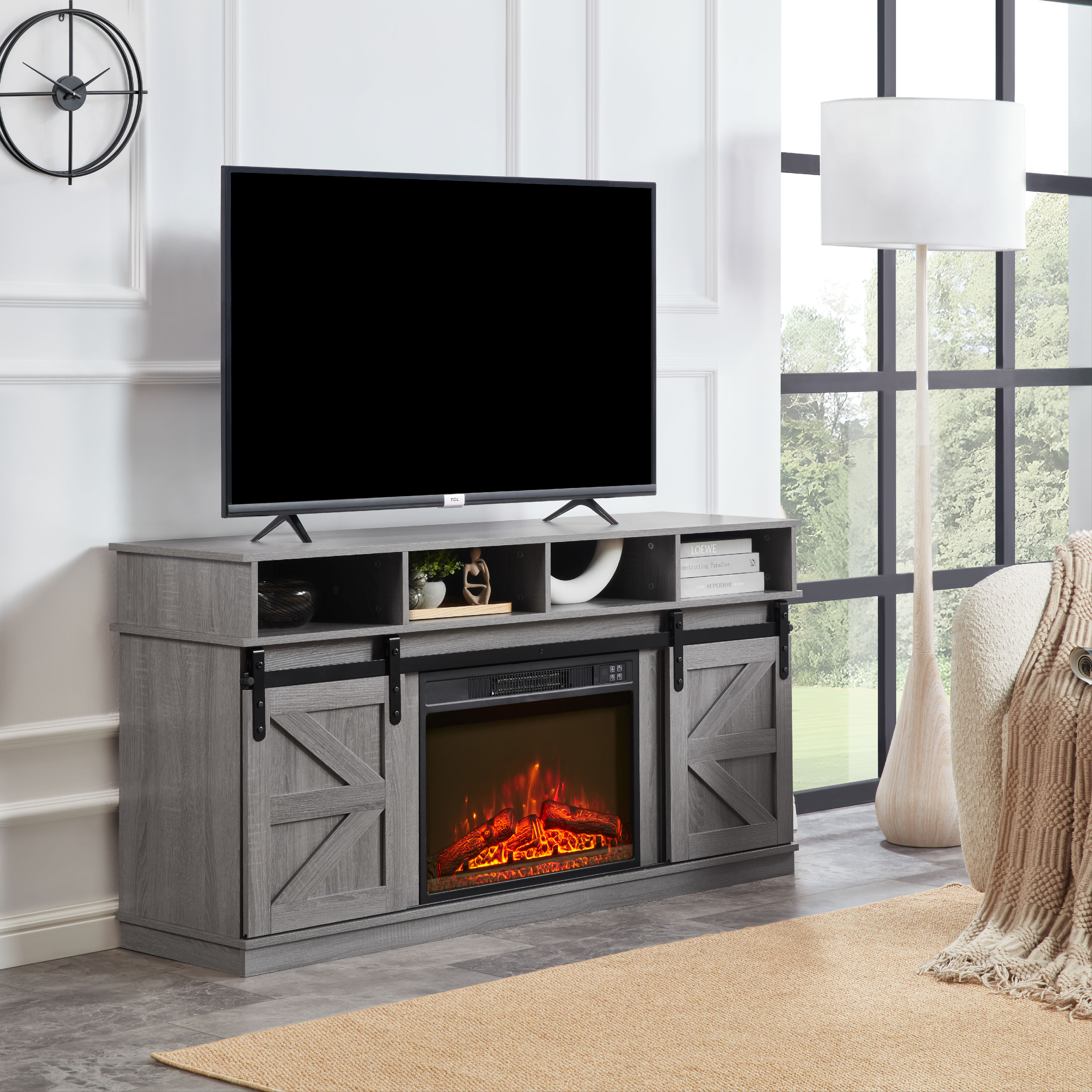 Modern Farmhouse TV Media Stand, Large Barn Inspired Home Entertainment Console, with 23" Fireplace Insert, for TV Up to 65'', with Open Shelves and Closed Cabinets, Grey