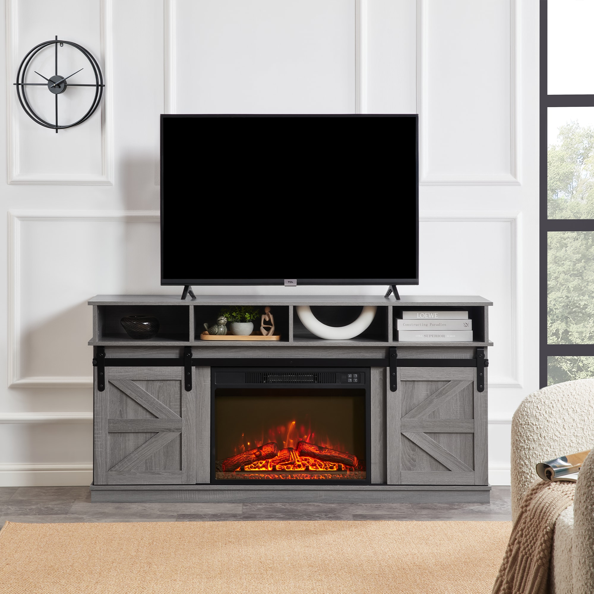 Modern Farmhouse TV Media Stand, Large Barn Inspired Home Entertainment Console, with 23" Fireplace Insert, for TV Up to 65'', with Open Shelves and Closed Cabinets, Grey