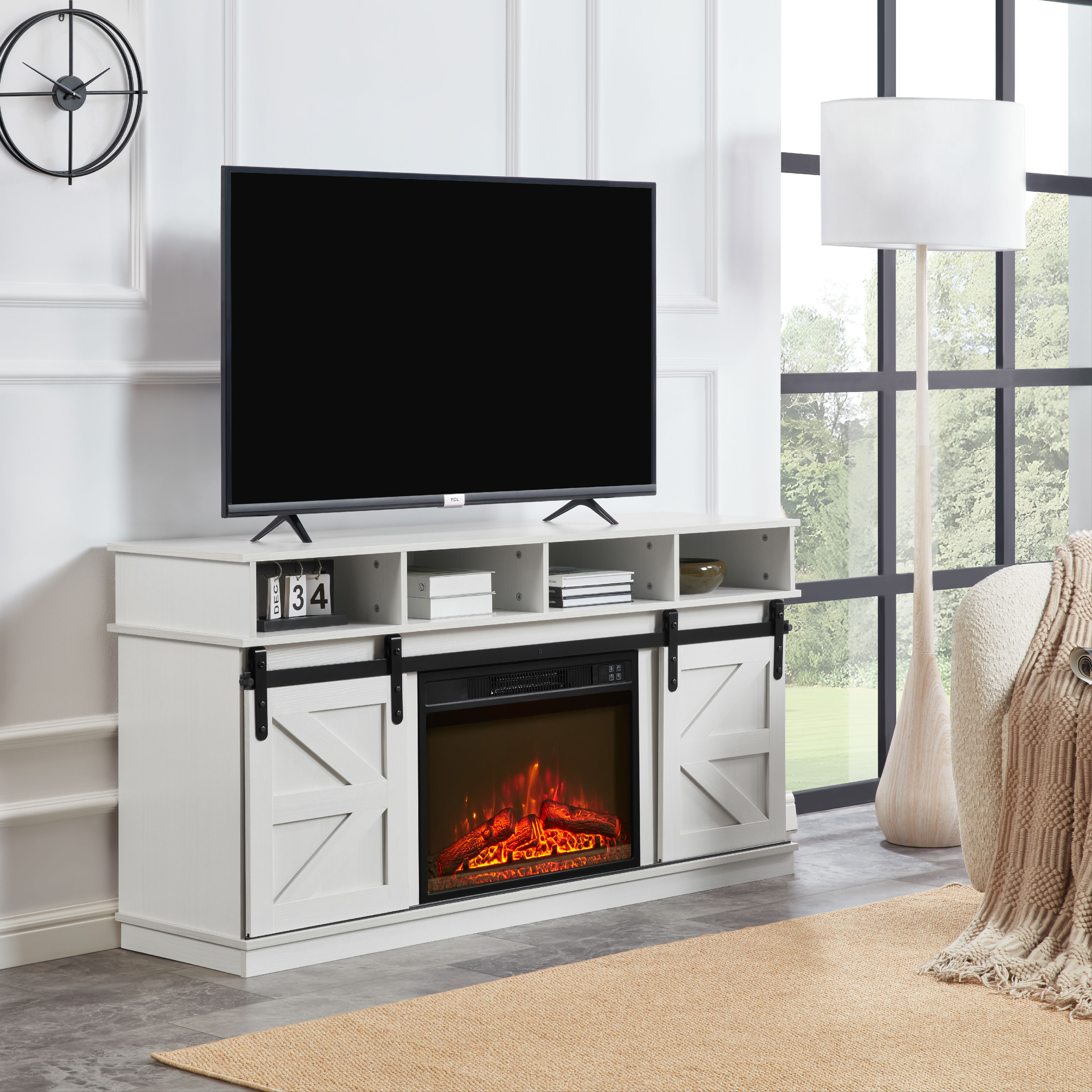 Modern Farmhouse TV Media Stand, Large Barn Inspired Home Entertainment Console, with 23" Fireplace Insert, for TV Up to 65'', with Open Shelves and Closed Cabinets, White Modern Farmhouse TV Media Stand, Large Barn Inspired Home Entertainment Console, with 23" Fireplace Insert, for TV Up to 65'', with Open Shelves and Closed Cabinets, White