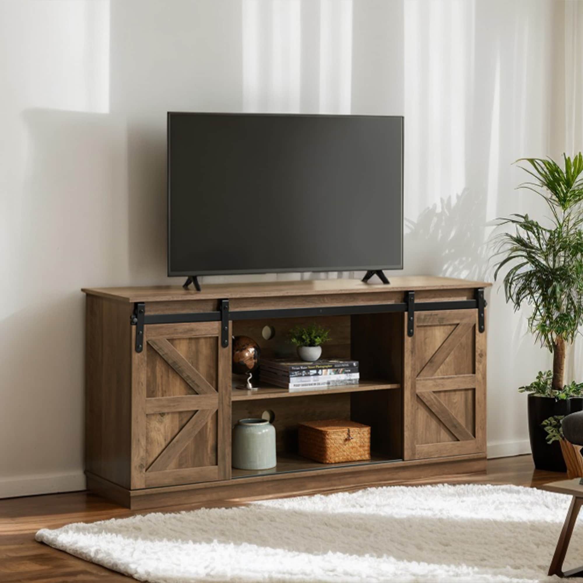 58" Farmhouse TV Stand and Entertainment Center for Televisions up to 65 Inchs,with Sliding Barn Doors and Storage Cabinets,Natural Brown 58" Farmhouse TV Stand and Entertainment Center for Televisions up to 65 Inchs,with Sliding Barn Doors and Storage Cabinets,Natural Brown
