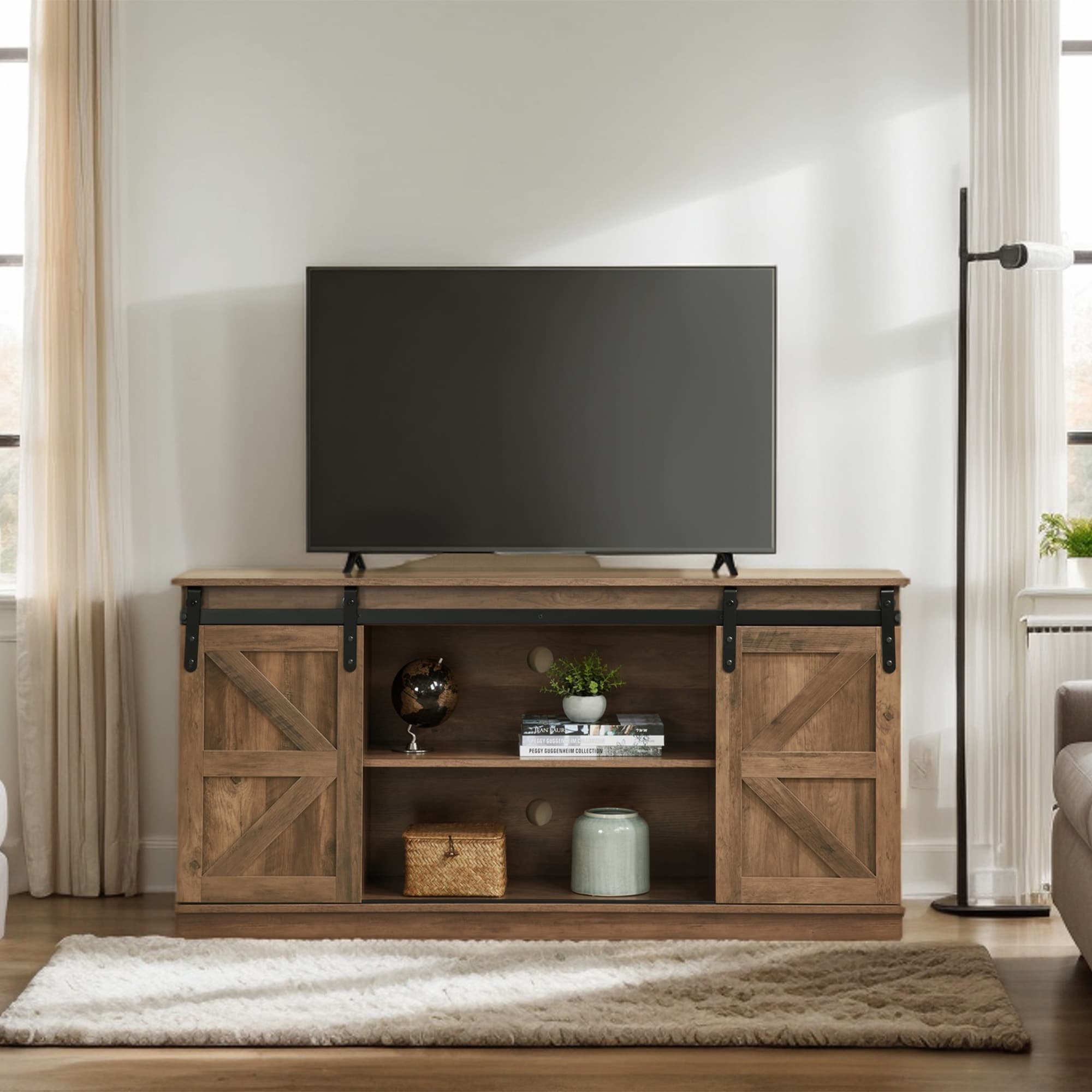 58" Farmhouse TV Stand and Entertainment Center for Televisions up to 65 Inchs,with Sliding Barn Doors and Storage Cabinets,Natural Brown 58" Farmhouse TV Stand and Entertainment Center for Televisions up to 65 Inchs,with Sliding Barn Doors and Storage Cabinets,Natural Brown