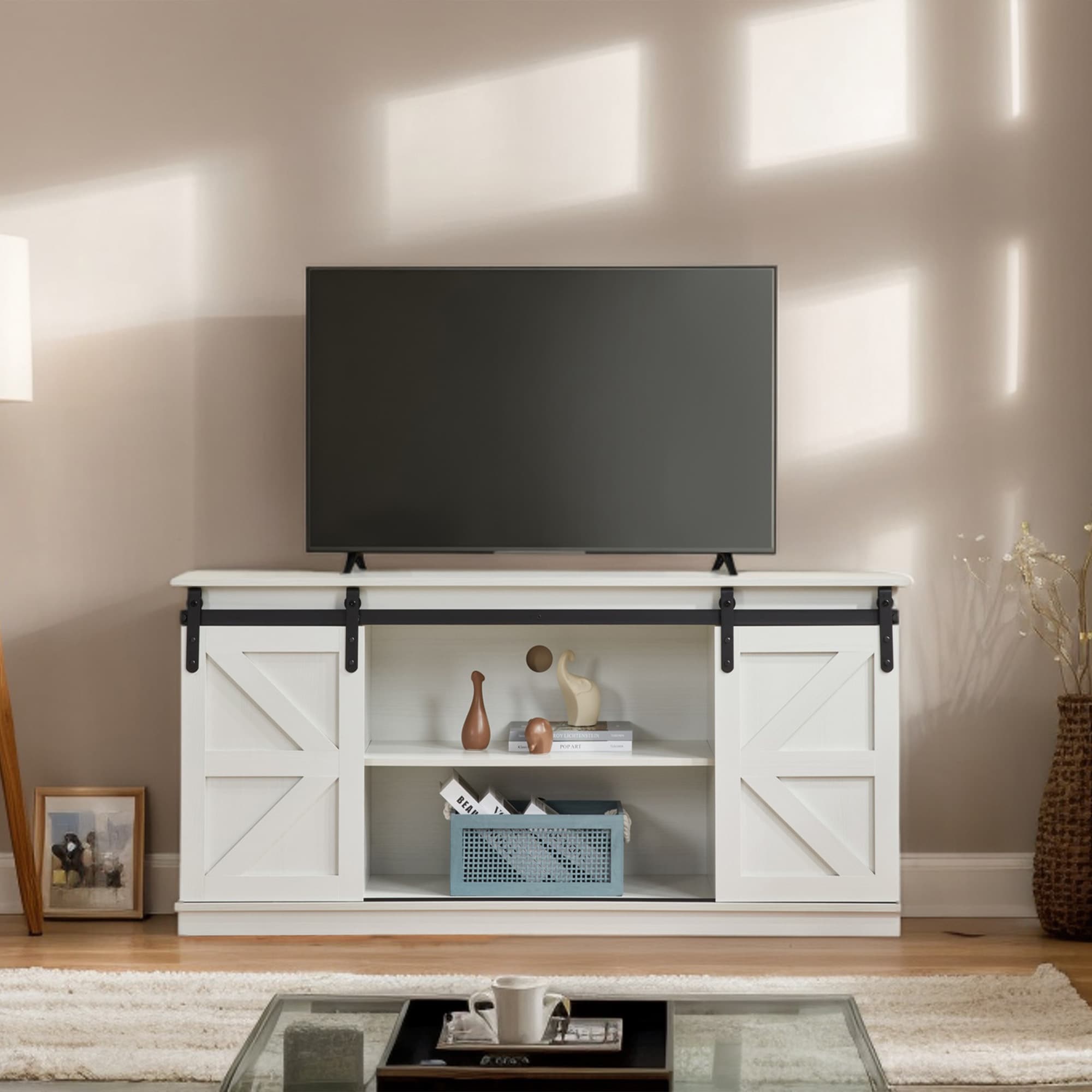 58" Farmhouse TV Stand and Entertainment Center for Televisions up to 65 Inchs,with Sliding Barn Doors and Storage Cabinets,White 58" Farmhouse TV Stand and Entertainment Center for Televisions up to 65 Inchs,with Sliding Barn Doors and Storage Cabinets,White