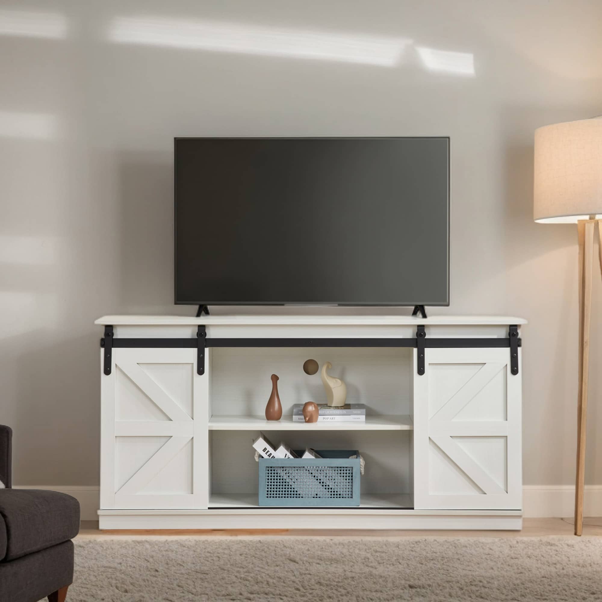 58" Farmhouse TV Stand and Entertainment Center for Televisions up to 65 Inchs,with Sliding Barn Doors and Storage Cabinets,White 58" Farmhouse TV Stand and Entertainment Center for Televisions up to 65 Inchs,with Sliding Barn Doors and Storage Cabinets,White