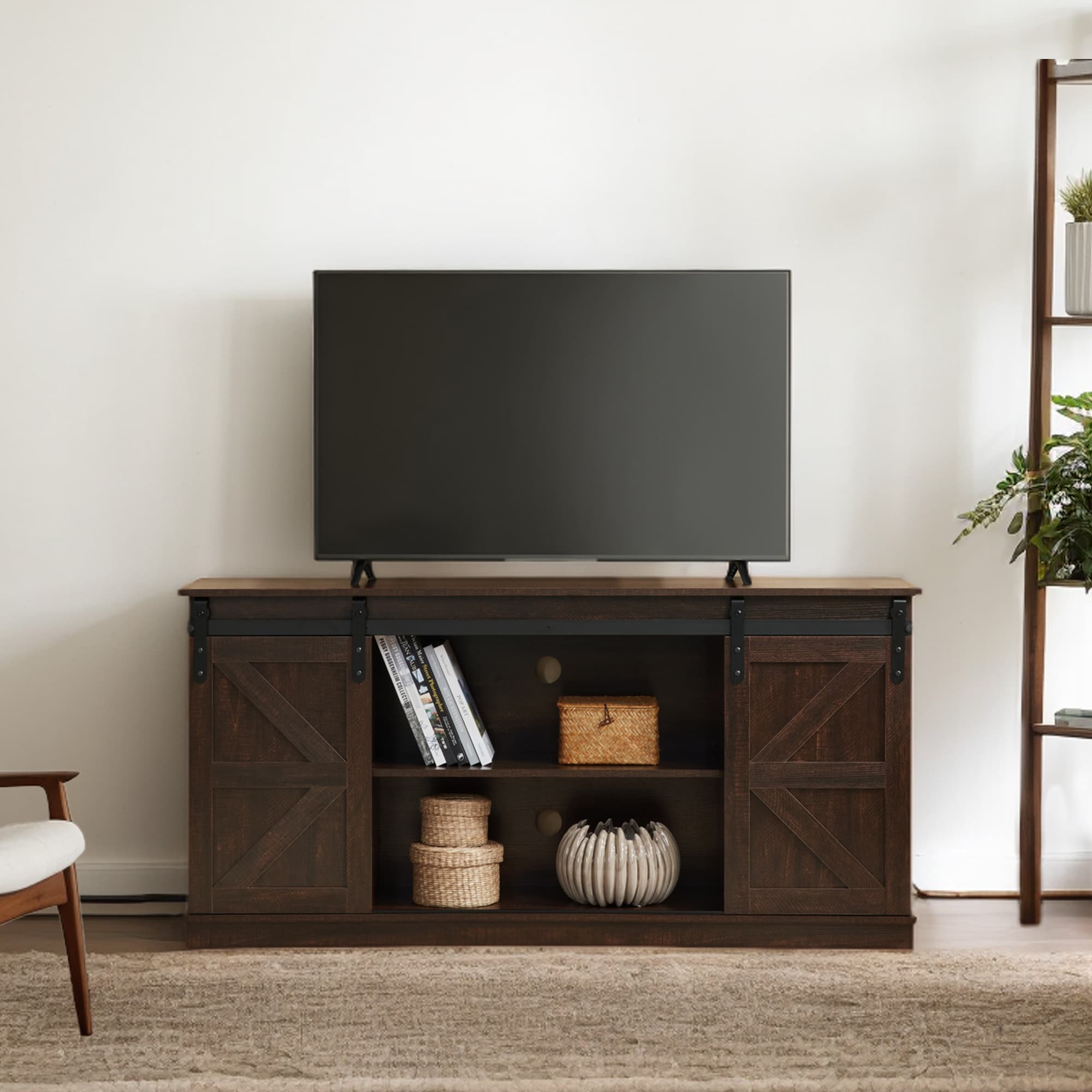 58" Farmhouse TV Stand and Entertainment Center for Televisions up to 65 Inchs,with Sliding Barn Doors and Storage Cabinets,Espresso