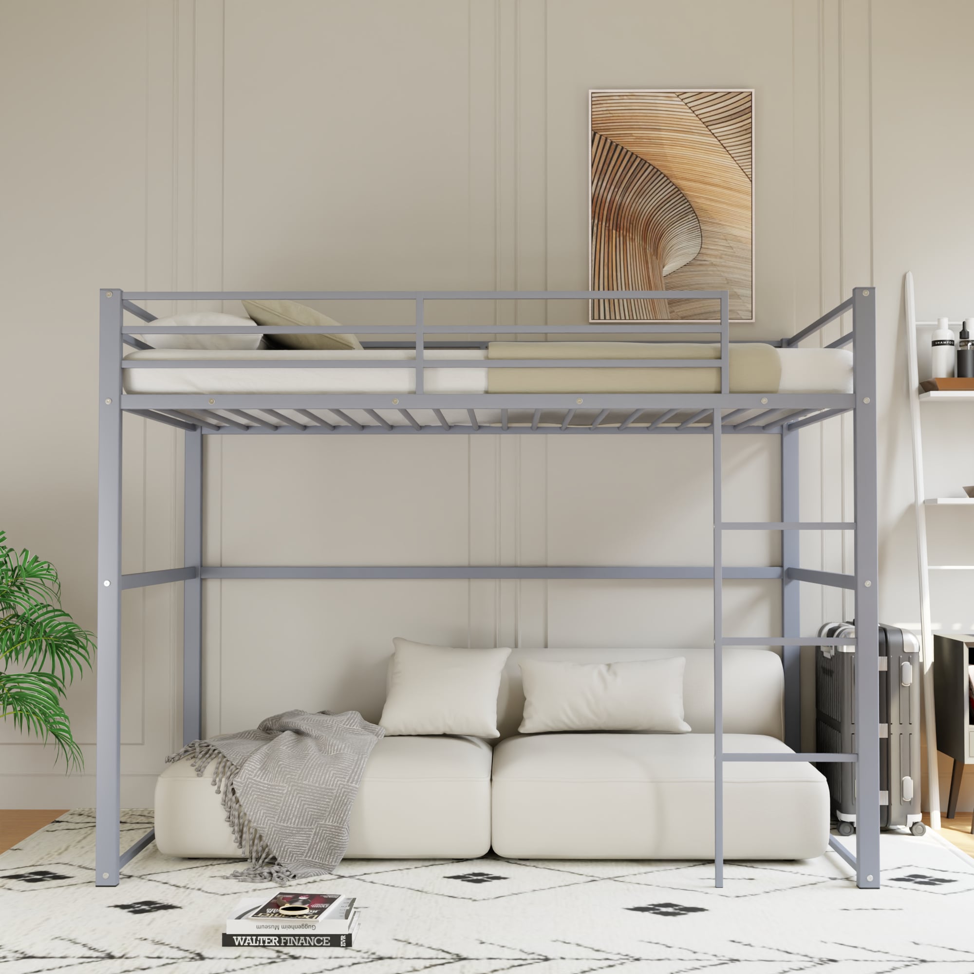 Metal Loft Bed Twin Size, Loft Bed Frame with Safety Guard Rails & Flat Ladder, Twin Loft Bed for Kids Teens Adults, Gray Metal Loft Bed Twin Size, Loft Bed Frame with Safety Guard Rails & Flat Ladder, Twin Loft Bed for Kids Teens Adults, Gray