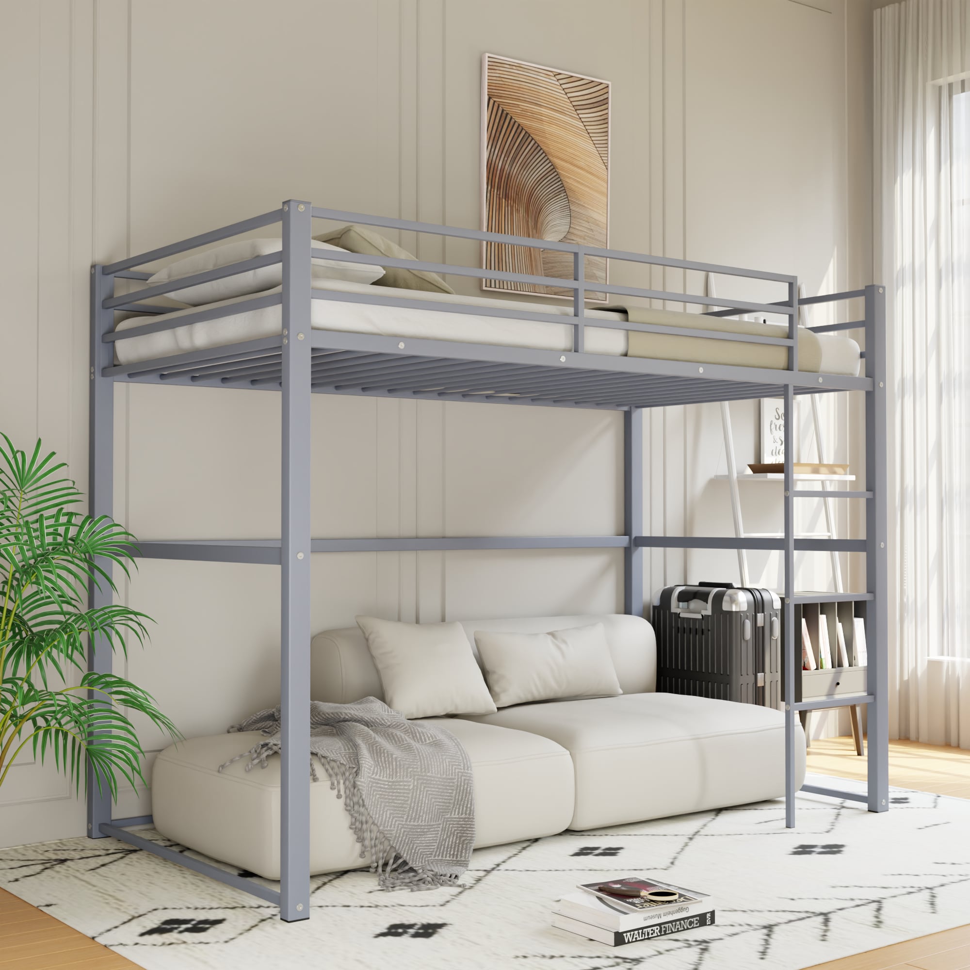 Metal Loft Bed Twin Size, Loft Bed Frame with Safety Guard Rails & Flat Ladder, Twin Loft Bed for Kids Teens Adults, Gray Metal Loft Bed Twin Size, Loft Bed Frame with Safety Guard Rails & Flat Ladder, Twin Loft Bed for Kids Teens Adults, Gray