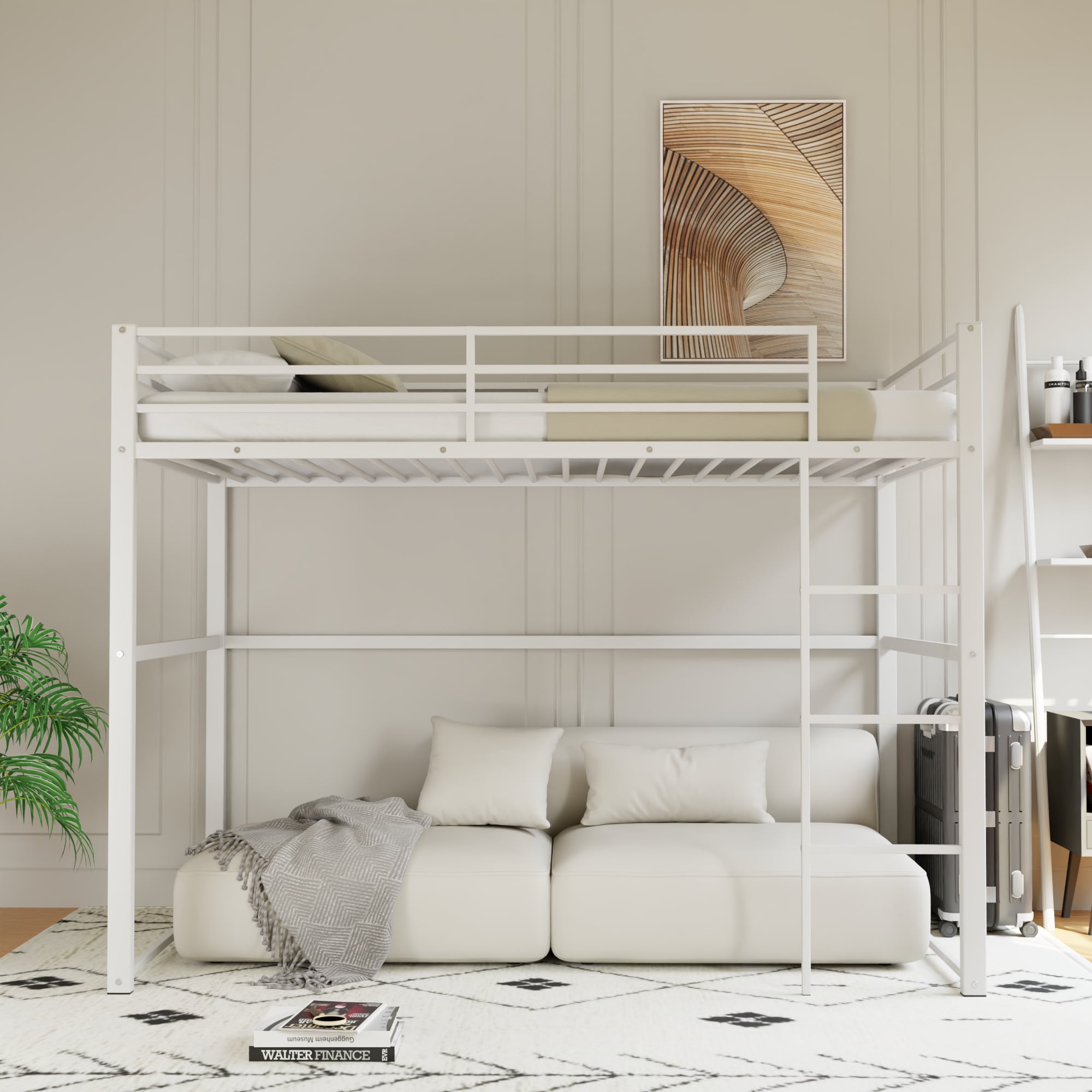 Metal Loft Bed Twin Size, Loft Bed Frame with Safety Guard Rails & Flat Ladder, Twin Loft Bed for Kids Teens Adults, White Metal Loft Bed Twin Size, Loft Bed Frame with Safety Guard Rails & Flat Ladder, Twin Loft Bed for Kids Teens Adults, White