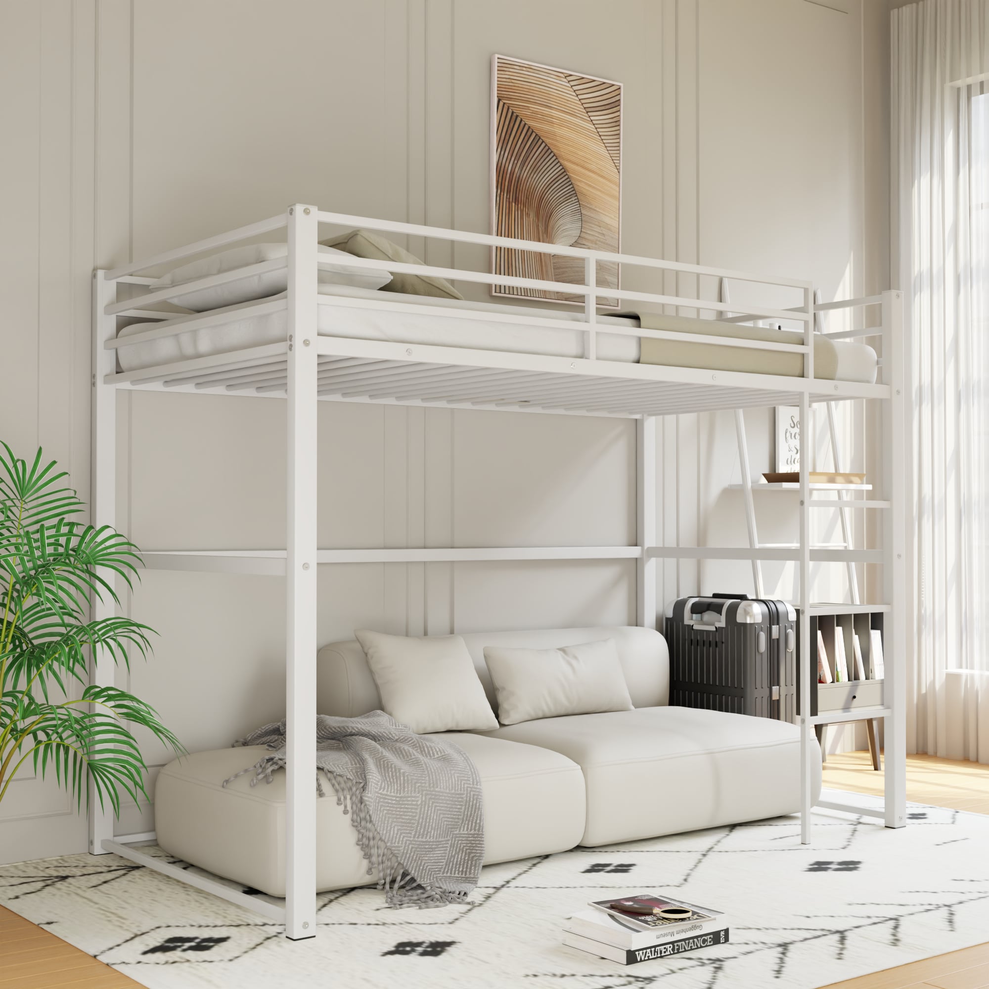 Metal Loft Bed Twin Size, Loft Bed Frame with Safety Guard Rails & Flat Ladder, Twin Loft Bed for Kids Teens Adults, White Metal Loft Bed Twin Size, Loft Bed Frame with Safety Guard Rails & Flat Ladder, Twin Loft Bed for Kids Teens Adults, White