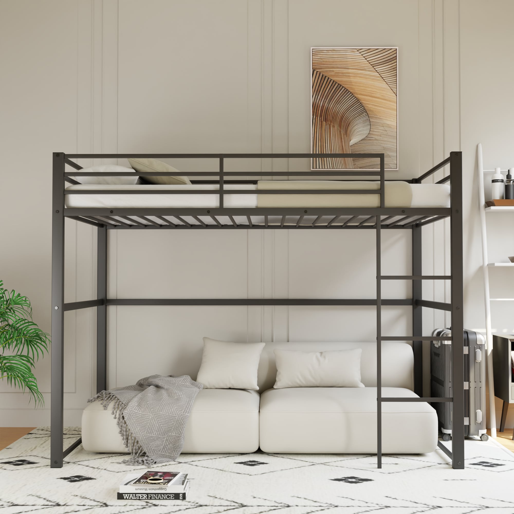 Metal Loft Bed Twin Size, Loft Bed Frame with Safety Guard Rails & Flat Ladder, Twin Loft Bed for Kids Teens Adults, Black Metal Loft Bed Twin Size, Loft Bed Frame with Safety Guard Rails & Flat Ladder, Twin Loft Bed for Kids Teens Adults, Black
