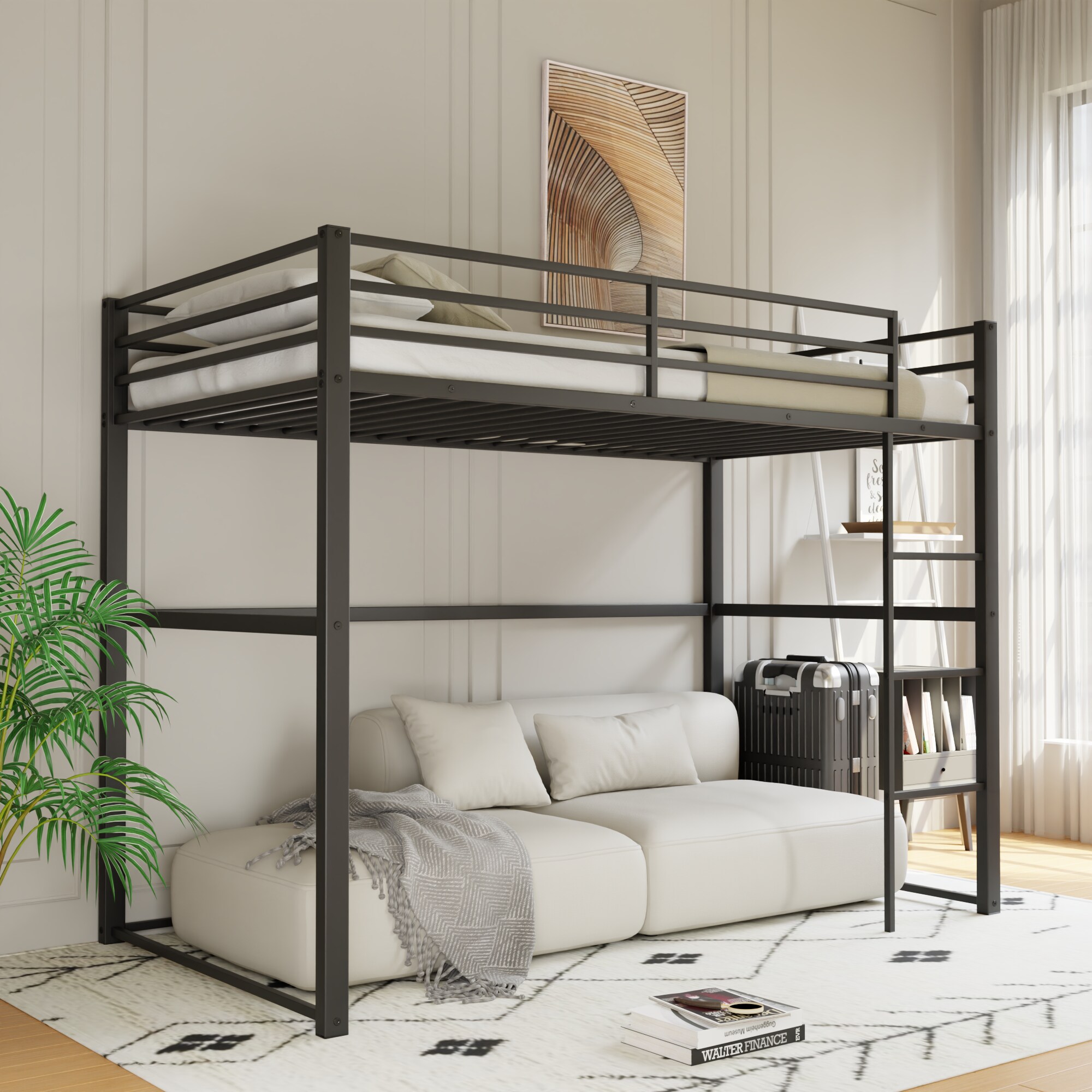 Metal Loft Bed Twin Size, Loft Bed Frame with Safety Guard Rails & Flat Ladder, Twin Loft Bed for Kids Teens Adults, Black Metal Loft Bed Twin Size, Loft Bed Frame with Safety Guard Rails & Flat Ladder, Twin Loft Bed for Kids Teens Adults, Black