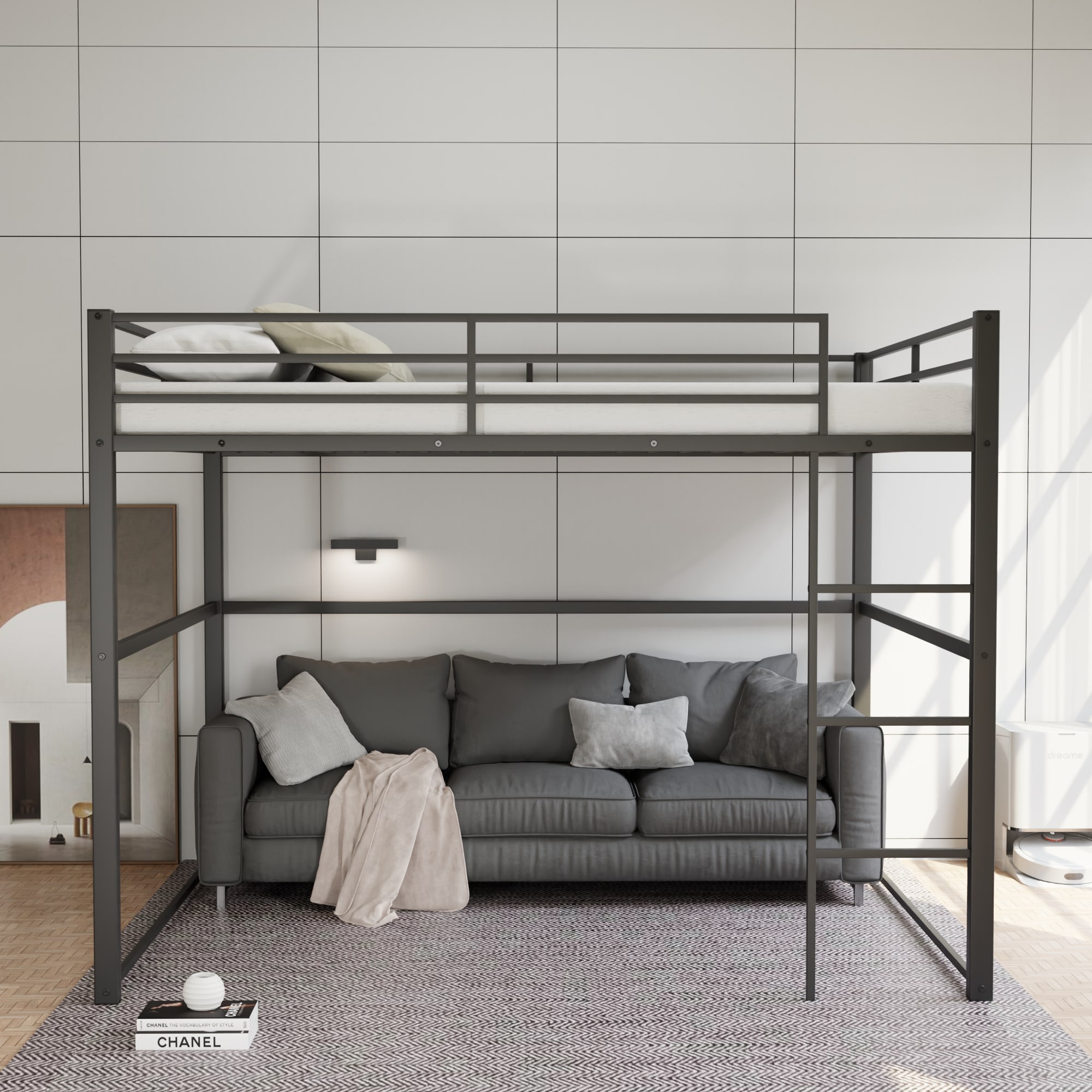 Metal Loft Bed Full Size, Loft Bed Frame with Safety Guard Rails & Flat Ladder, Twin Loft Bed for Kids Teens Adults, Black Metal Loft Bed Full Size, Loft Bed Frame with Safety Guard Rails & Flat Ladder, Twin Loft Bed for Kids Teens Adults, Black