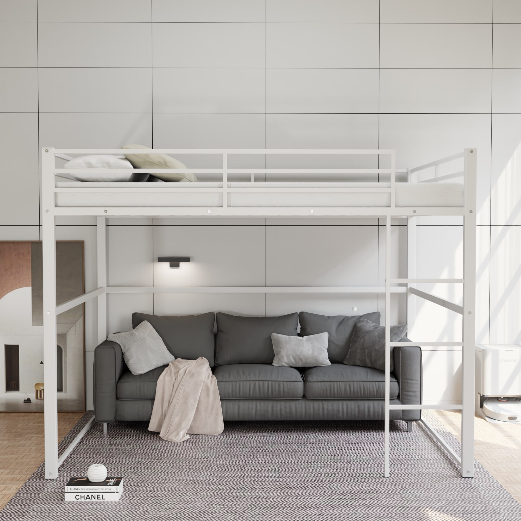 Metal Loft Bed Full Size, Loft Bed Frame with Safety Guard Rails & Flat Ladder, Twin Loft Bed for Kids Teens Adults, White Metal Loft Bed Full Size, Loft Bed Frame with Safety Guard Rails & Flat Ladder, Twin Loft Bed for Kids Teens Adults, White