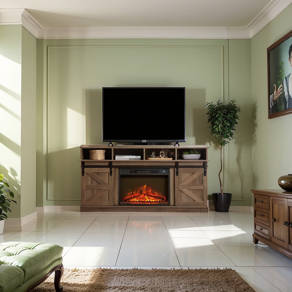 Modern Farmhouse TV Media Stand, Large Barn Inspired Home Entertainment Console, with 23" Fireplace Insert, for TV Up to 65'', with Open Shelves and Closed Cabinets, Natural Brown