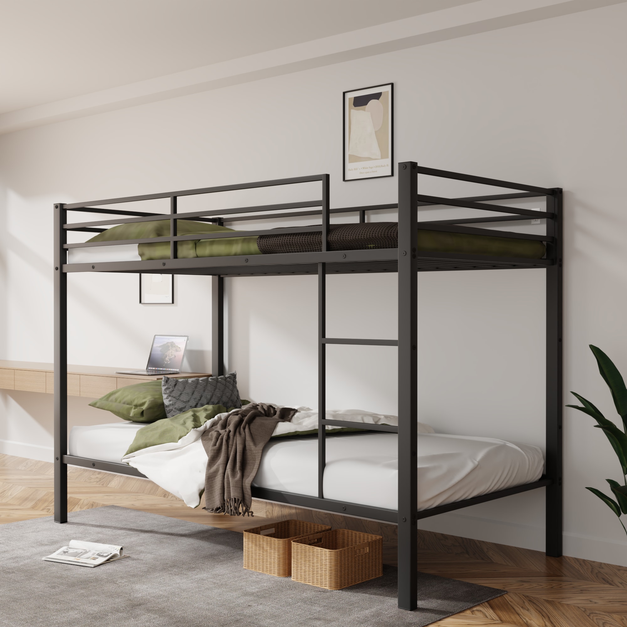 Metal Bunk Bed Twin Over Twin, Low Profile Bunk Bed Frame withBuilt-in Ladder, High Guardrail and Metal Slats, Space-Saving Twin Size Bed Frame for Kids Teens, No Box Spring Required, Black Metal Bunk Bed Twin Over Twin, Low Profile Bunk Bed Frame withBuilt-in Ladder, High Guardrail and Metal Slats, Space-Saving Twin Size Bed Frame for Kids Teens, No Box Spring Required, Black