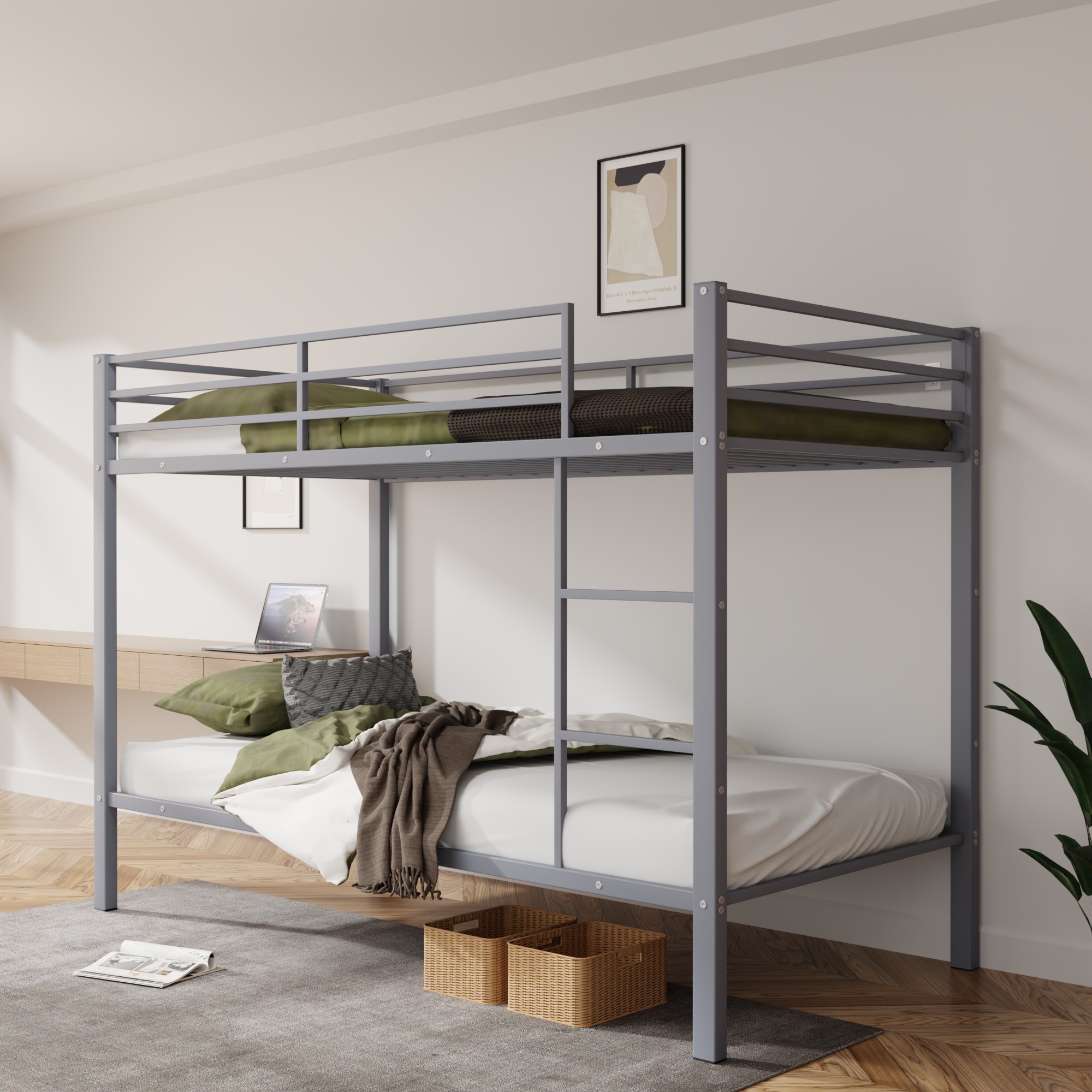 Metal Bunk Bed Twin Over Twin, Low Profile Bunk Bed Frame withBuilt-in Ladder, High Guardrail and Metal Slats, Space-Saving Twin Size Bed Frame for Kids Teens, No Box Spring Required, Gray Metal Bunk Bed Twin Over Twin, Low Profile Bunk Bed Frame withBuilt-in Ladder, High Guardrail and Metal Slats, Space-Saving Twin Size Bed Frame for Kids Teens, No Box Spring Required, Gray