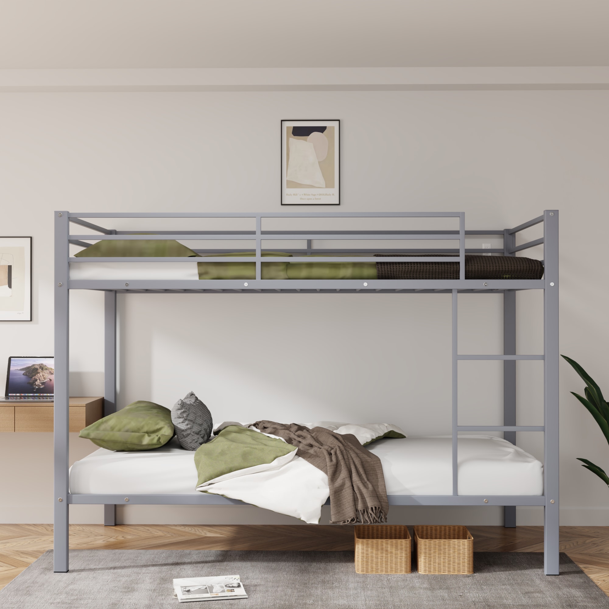 Metal Bunk Bed Twin Over Twin, Low Profile Bunk Bed Frame withBuilt-in Ladder, High Guardrail and Metal Slats, Space-Saving Twin Size Bed Frame for Kids Teens, No Box Spring Required, Gray Metal Bunk Bed Twin Over Twin, Low Profile Bunk Bed Frame withBuilt-in Ladder, High Guardrail and Metal Slats, Space-Saving Twin Size Bed Frame for Kids Teens, No Box Spring Required, Gray