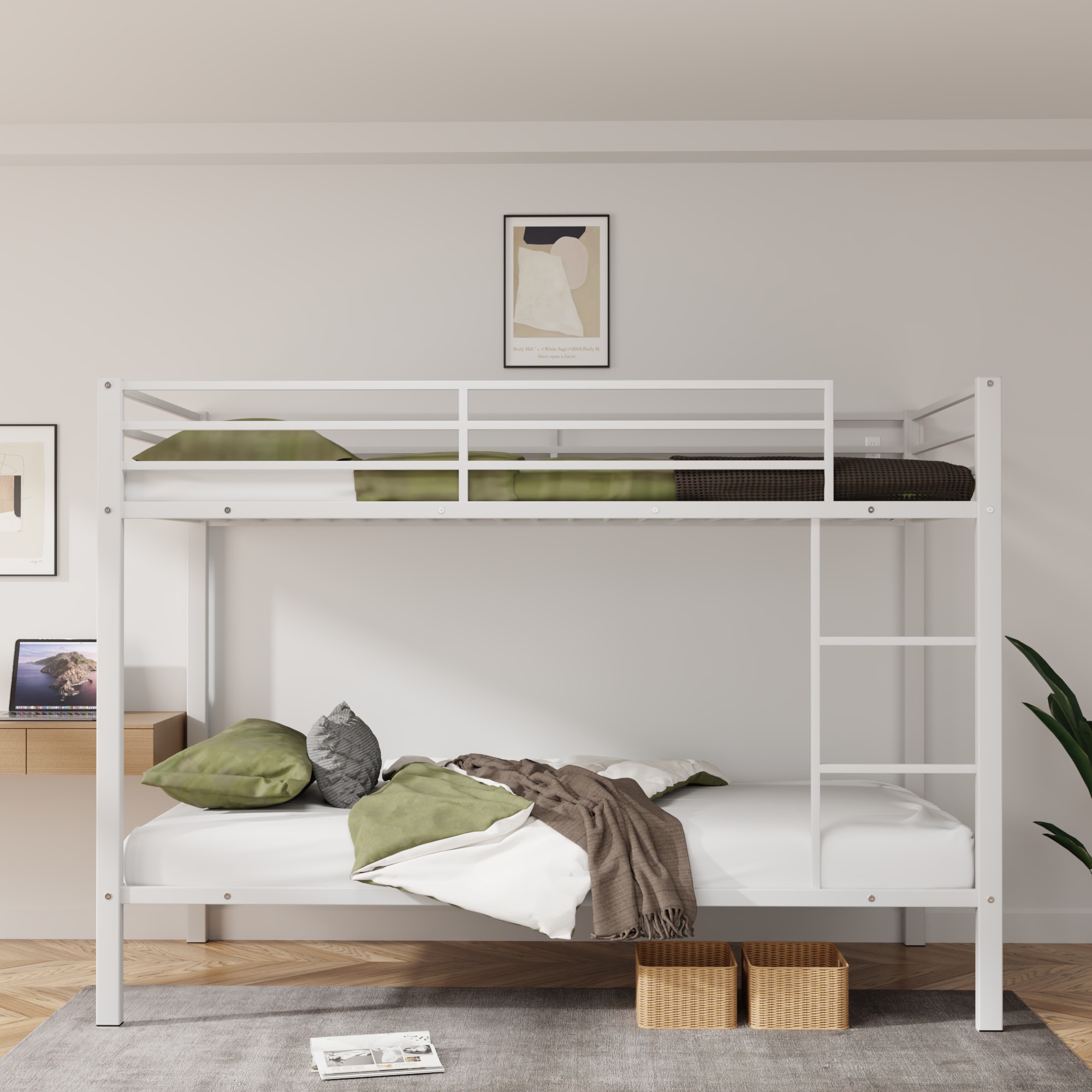 Metal Bunk Bed Twin Over Twin, Low Profile Bunk Bed Frame withBuilt-in Ladder, High Guardrail and Metal Slats, Space-Saving Twin Size Bed Frame for Kids Teens, No Box Spring Required, White Metal Bunk Bed Twin Over Twin, Low Profile Bunk Bed Frame withBuilt-in Ladder, High Guardrail and Metal Slats, Space-Saving Twin Size Bed Frame for Kids Teens, No Box Spring Required, White