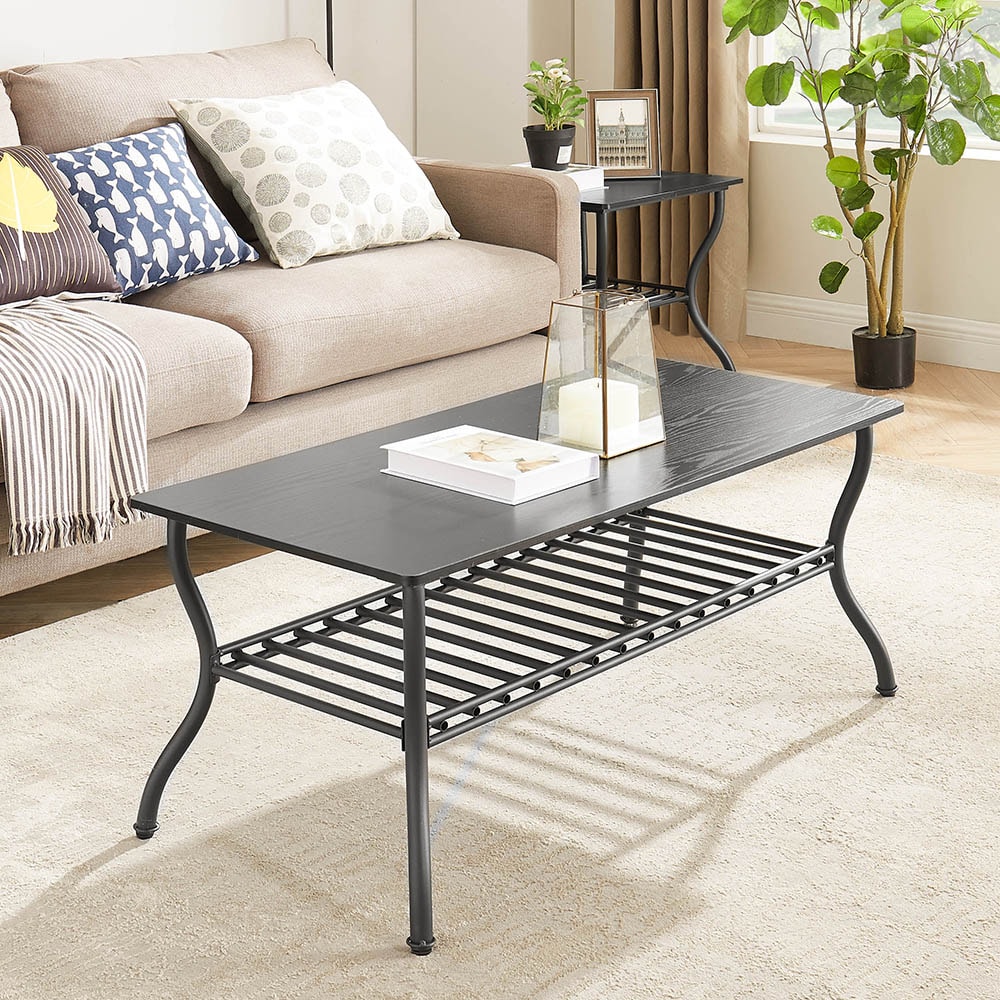 Modern Style 3-Piece Coffee Table Set Rectangle Coffee Table with 2 Square End Side Table Retro Design Coffee Table with Sturdy Base for Living Room Decor (Black)