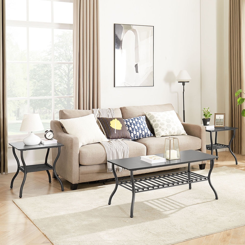 Modern Style 3-Piece Coffee Table Set Rectangle Coffee Table with 2 Square End Side Table Retro Design Coffee Table with Sturdy Base for Living Room Decor (Black)