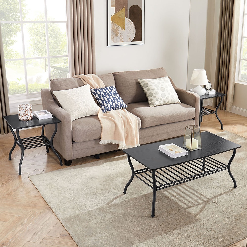 Modern Style 3-Piece Coffee Table Set Rectangle Coffee Table with 2 Square End Side Table Retro Design Coffee Table with Sturdy Base for Living Room Decor (Black)