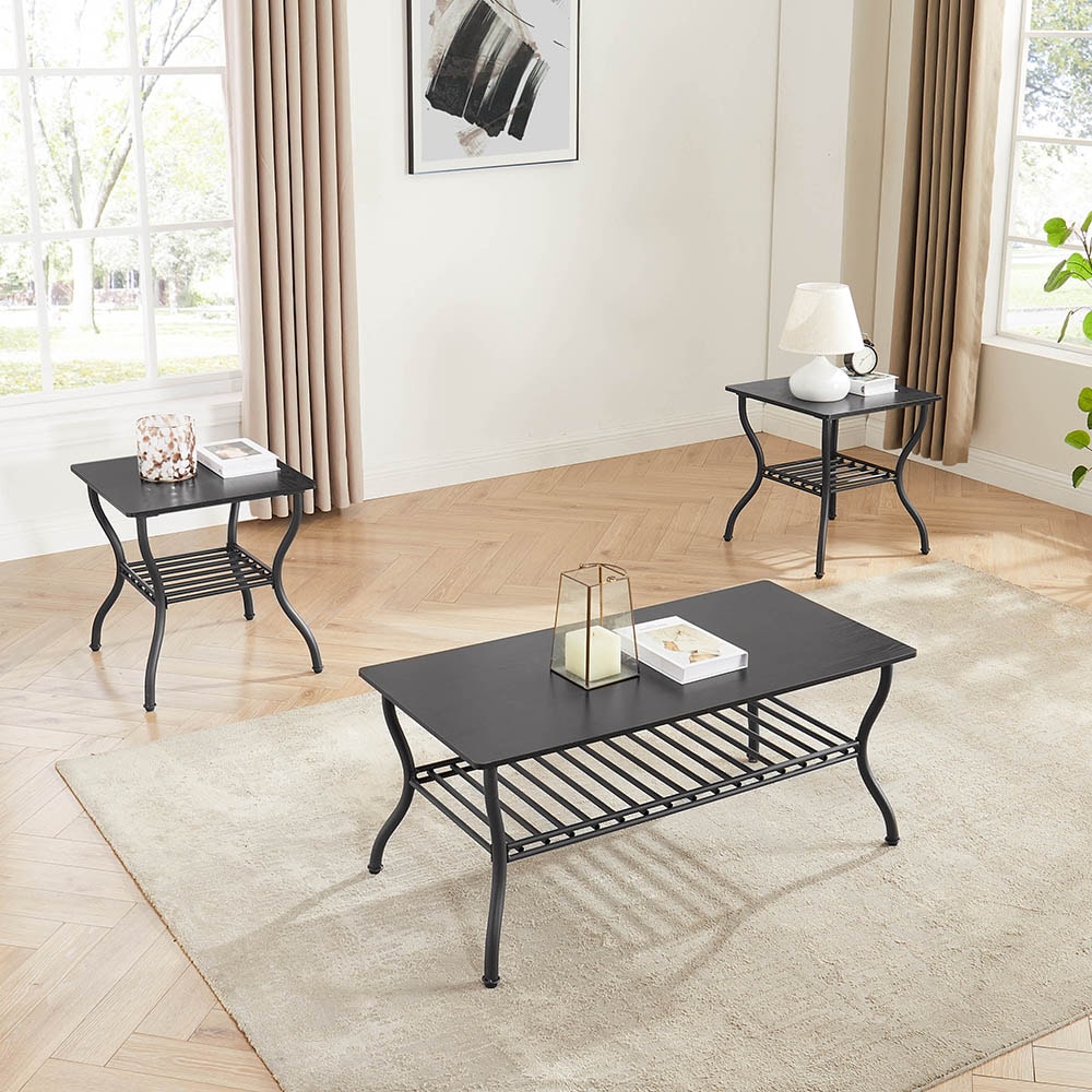 Modern Style 3-Piece Coffee Table Set Rectangle Coffee Table with 2 Square End Side Table Retro Design Coffee Table with Sturdy Base for Living Room Decor (Black)