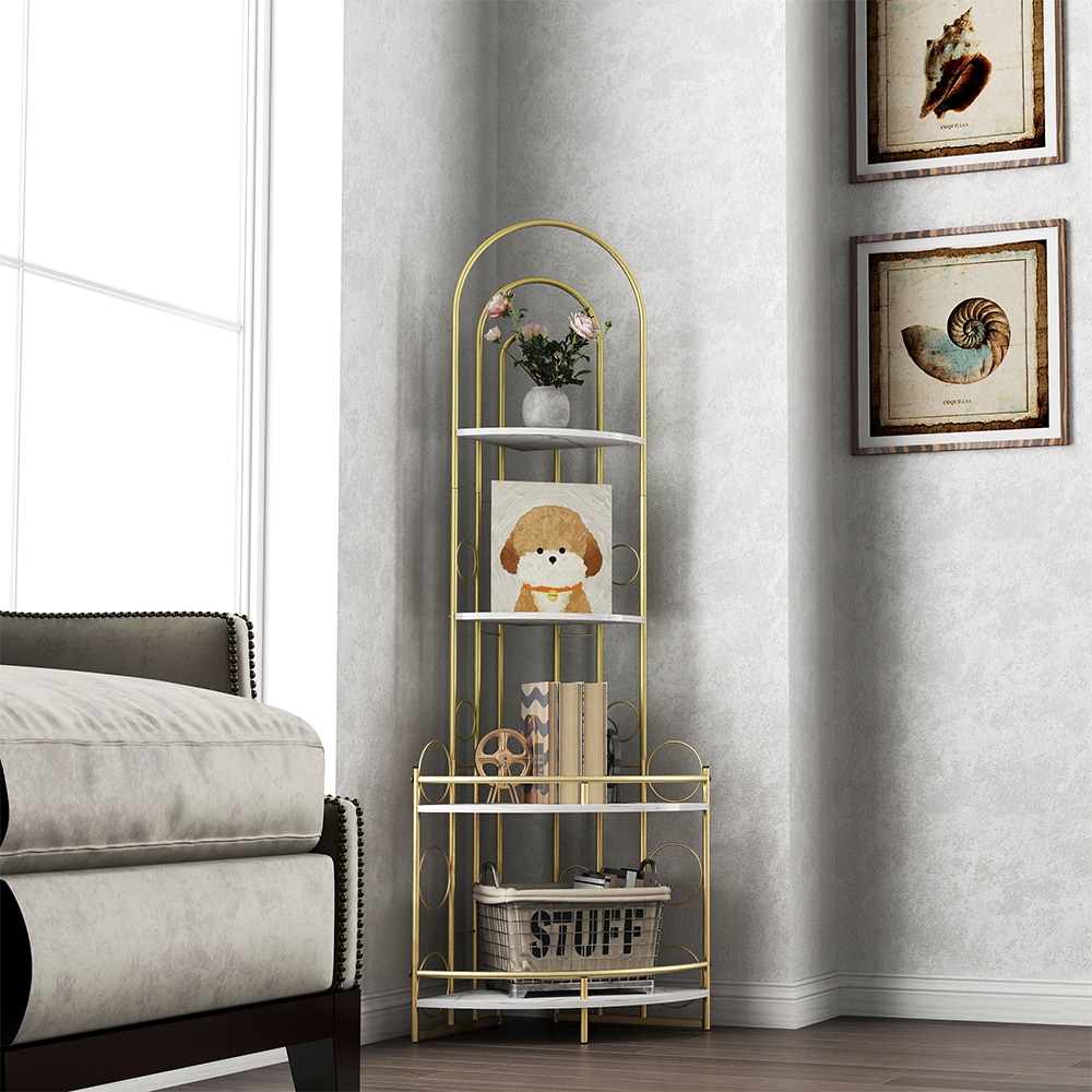 Corner Storage Shelf,4-Tier Corner Bookshelf,Plant Stand with Metal Frame,for Living Room,Kitchen,Home Office,Modern Style,Gold & White Corner Storage Shelf,4-Tier Corner Bookshelf,Plant Stand with Metal Frame,for Living Room,Kitchen,Home Office,Modern Style,Gold & White