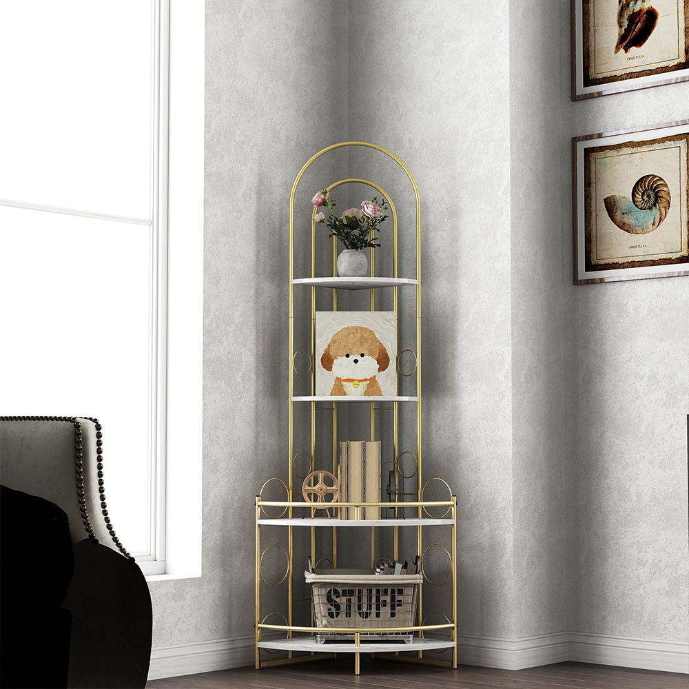 Corner Storage Shelf,4-Tier Corner Bookshelf,Plant Stand with Metal Frame,for Living Room,Kitchen,Home Office,Modern Style,Gold & White Corner Storage Shelf,4-Tier Corner Bookshelf,Plant Stand with Metal Frame,for Living Room,Kitchen,Home Office,Modern Style,Gold & White