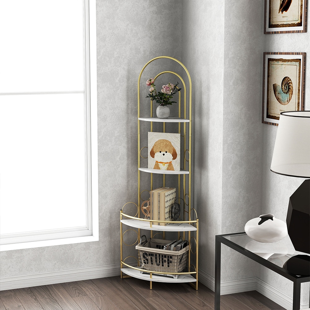 Corner Storage Shelf,4-Tier Corner Bookshelf,Plant Stand with Metal Frame,for Living Room,Kitchen,Home Office,Modern Style,Gold & White Corner Storage Shelf,4-Tier Corner Bookshelf,Plant Stand with Metal Frame,for Living Room,Kitchen,Home Office,Modern Style,Gold & White